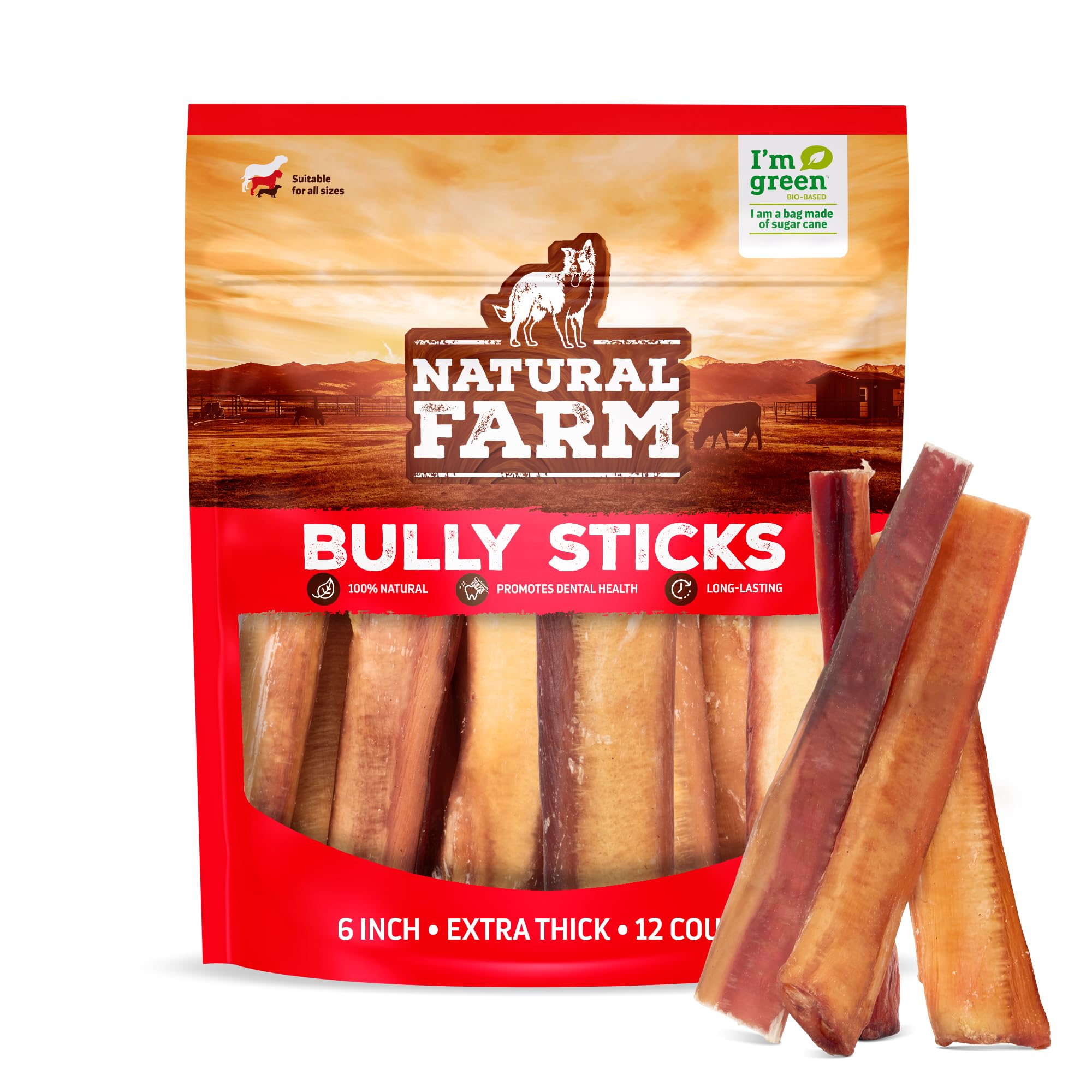 Natural Farm Bully Sticks (6 Inch, 15 Count), Single Ingredient: 100% Beef Chews, Grass-Fed, Non-GMO, Grain-Free, Fully Digestible Treats for Puppies, Small or Senior Dog