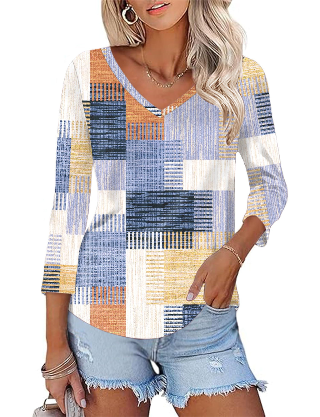 KTILG Women's V Neck T Shirts 3/4 Sleeve Blouse Summer Tops Dressy Casual Solid Basic Tees