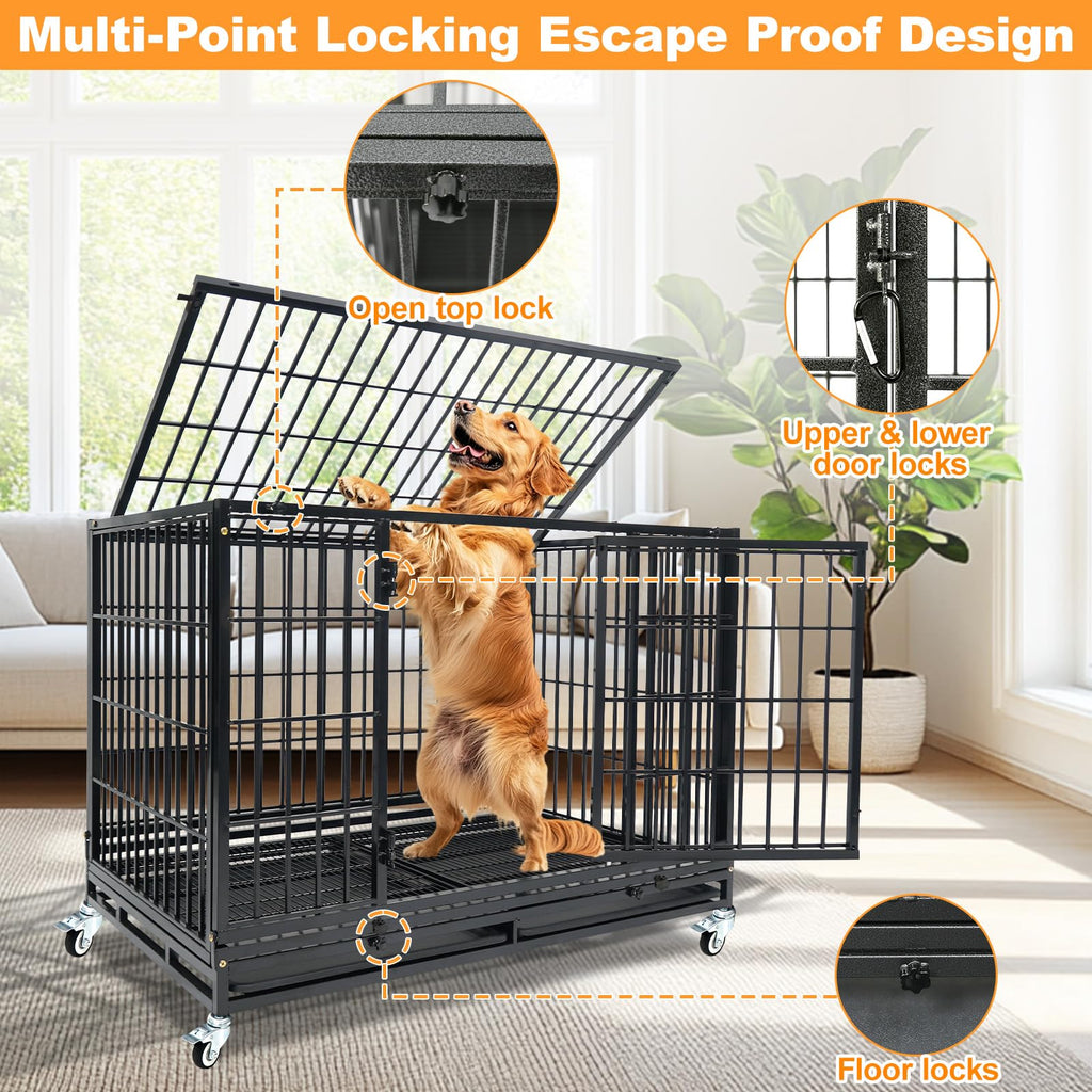 Homey Pet 37 Inch Heavy Duty Dog Crate for Medium Dogs, Stackable Dog Cage with Four Lockable Wheels, Removable Tray & Grid, Open Top, Escape Proof Dog Kennel Indoor