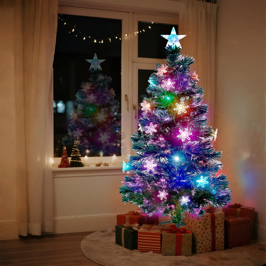Prsildan 4 FT Artificial Christmas Tree, Pre-Lit Optical Fiber Xmas Trees with Multicolor LED Lights, Snowflakes & Top Star, Lighted Christmas Tree Holiday Home Decor