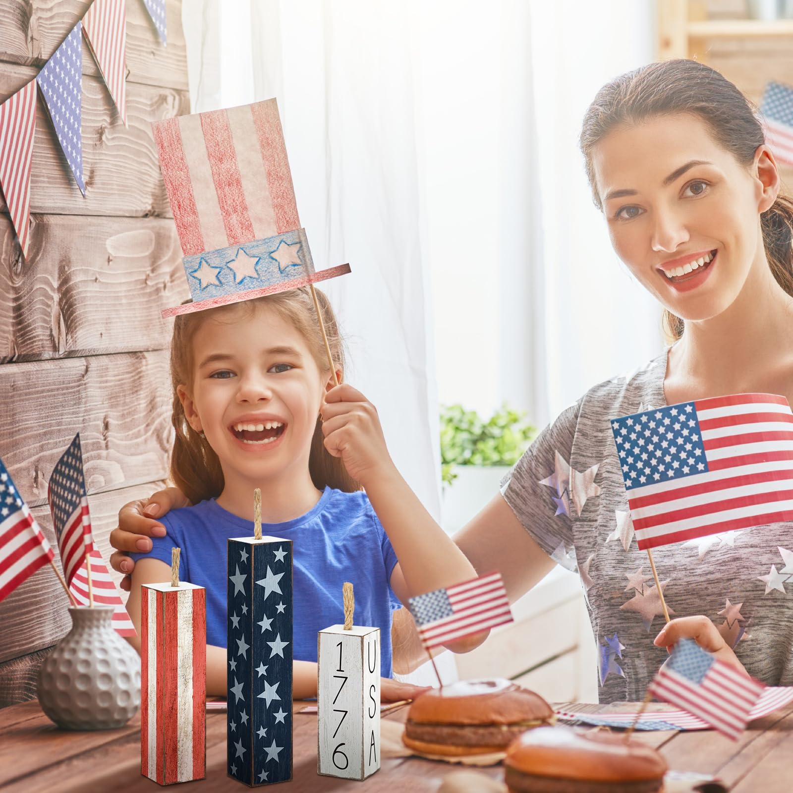 Amyhill 3 Pcs 4th of July Decorations Set Wooden Patriotic Table Centerpieces Independence Day Wood Firework Fourth of July Table Signs for 250th Anniversary Home Farmhouse Decor (Flag)