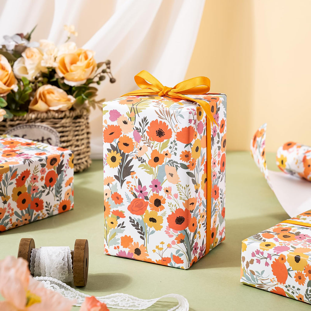 WRAPAHOLIC Kraft Floral Wrapping Paper Roll - Mini Roll - 17 Inch x 9.8 Feet - Spring Summer Garden Flower Design Perfect for Wedding, Bridal Shower, Birthday