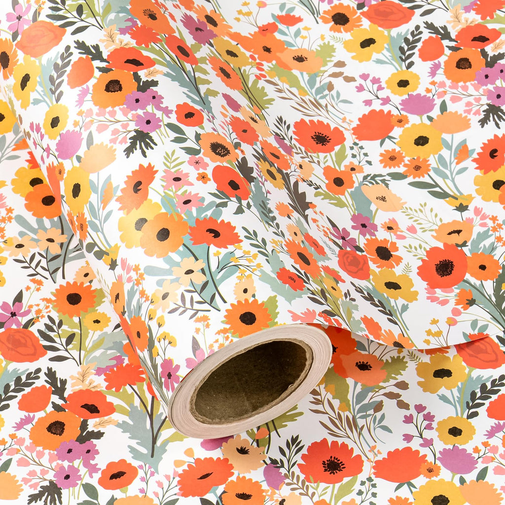 WRAPAHOLIC Kraft Floral Wrapping Paper Roll - Mini Roll - 17 Inch x 9.8 Feet - Spring Summer Garden Flower Design Perfect for Wedding, Bridal Shower, Birthday