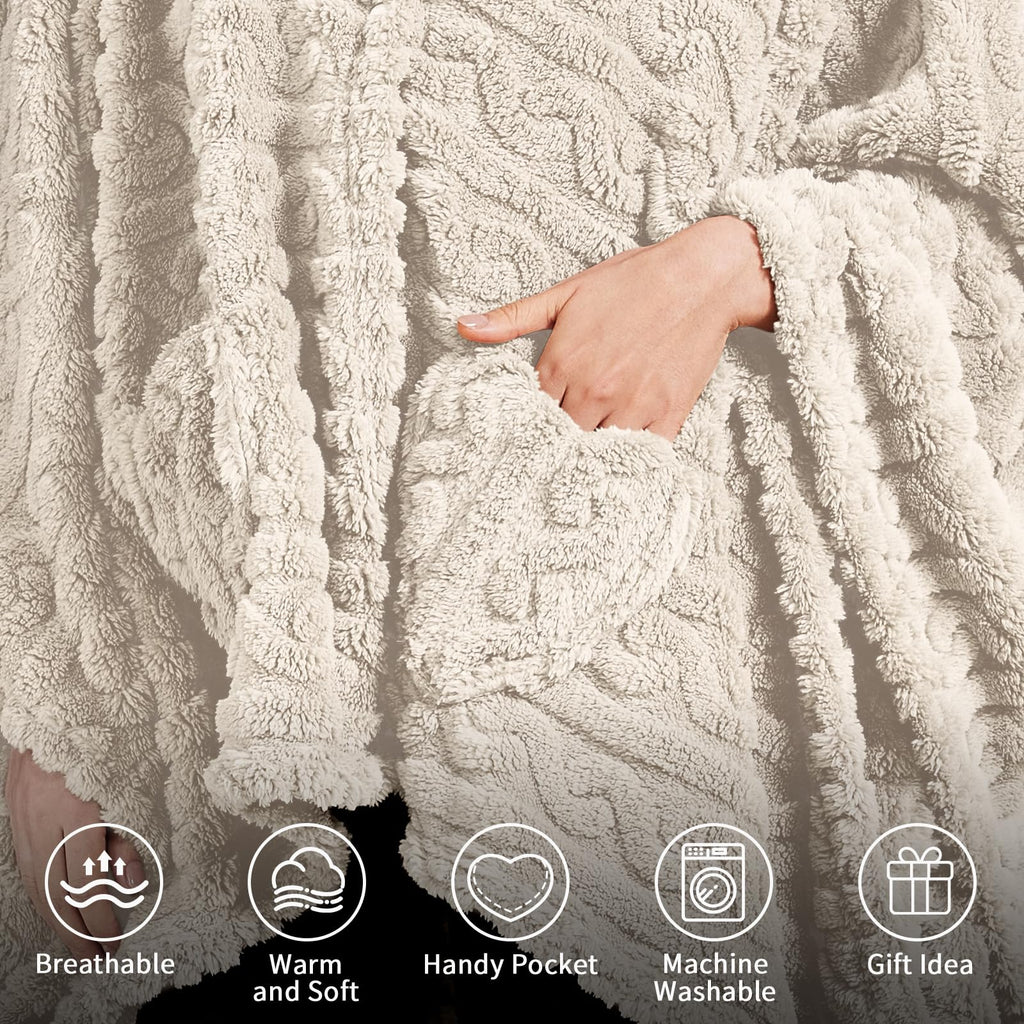 Wearable Blanket Poncho Cape Wrap for Adult, Cozy Sherpa Fleece Pocketed Shawl TV Throw Blankets for Office and Lounge(Caramel,58'' x 64'')