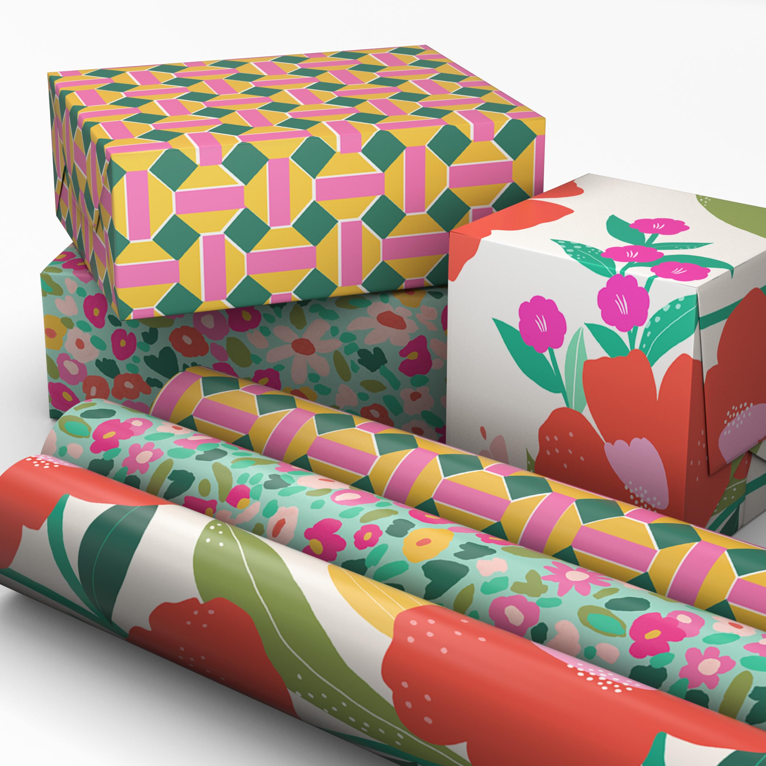 Hallmark Floral Wrapping Paper Mini Rolls, 3-Pack (Pink, Orange, Yellow Flowers on Teal, Green and Pink Geometric) for Birthdays, Easter, Mother's Day, Bridal Showers, Any Occasion - 60 Sq. Ft. Total