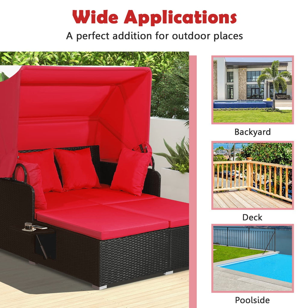 Tangkula Patio Rattan Daybed with Retractable Canopy, Outdoor Wicker Sunbed Lounger with 2 Foldable Side Tables, Thick Seat & Back Cushions, Outside Double Daybed for Garden, Backyard, Porch