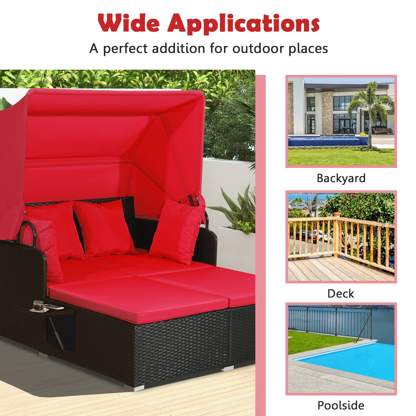 Tangkula Patio Rattan Daybed with Retractable Canopy, Outdoor Wicker Sunbed Lounger with 2 Foldable Side Tables, Thick Seat & Back Cushions, Outside Double Daybed for Garden, Backyard, Porch