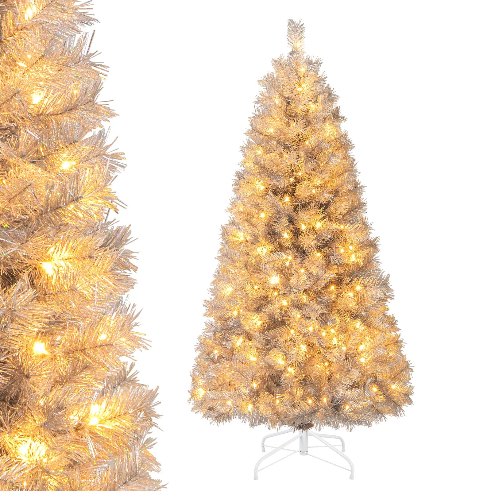 Goplus 7FT Pre-Lit Artificial Christmas Tree Auto-Spread/Close up Branches 11 Flash Modes with Multicolored 400 LED Lights & Metal Stand