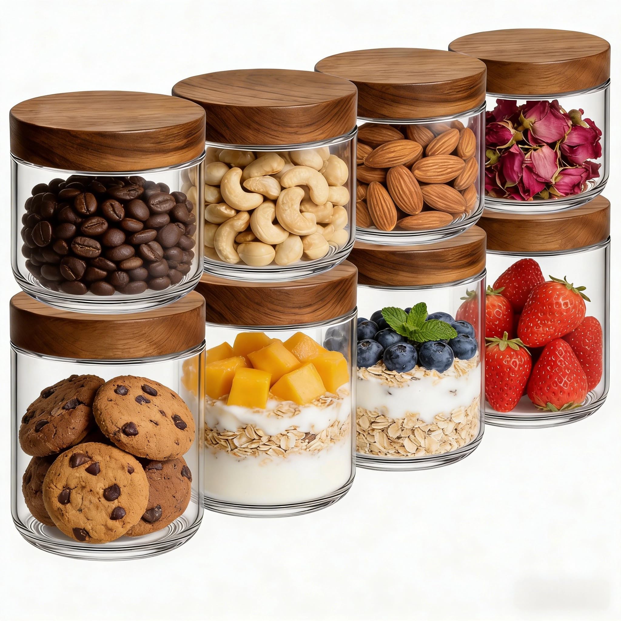 Bumobum 10 oz Small Glass Jars with Lids, Glass Container with Acacia Wood Airtight Lid, Wide Mouth Canisters for Chia Pudding Loose Tea Coffee Meal Prep Parfait Salad Snacks Yogurt Spice, 4-Pack