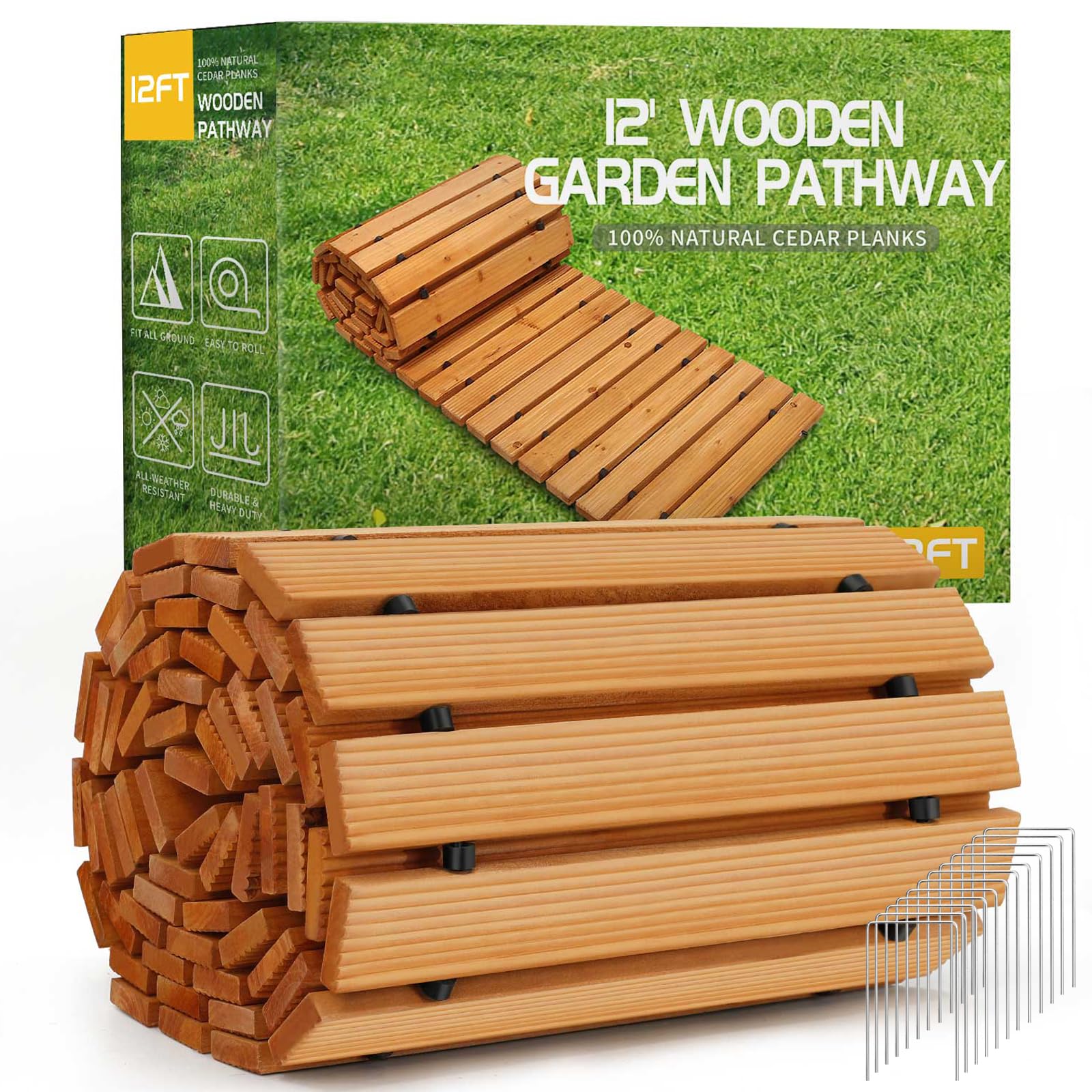 RELIANCER 8' Wooden Garden Pathway,Outdoor Roll Out Cedar Straight Walkway,Patio Path Decorative Garden Boardwalk Walkways,Weather-Resistant Roll Up Beach Wood Road Floor,Wedding Party Pathways
