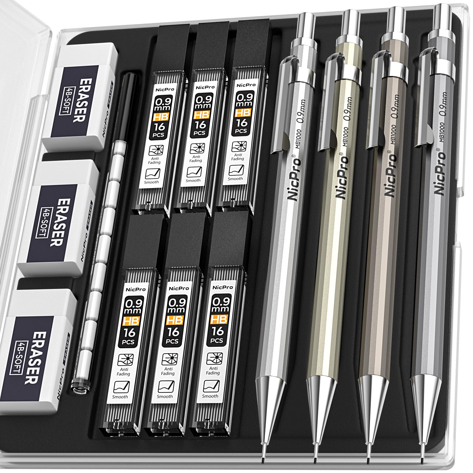 Nicpro 4 Pack Mechanical Pencil 0.7mm with Case, MB1000 Metal Mechanical Pencil Set with 6 Tube HB #2 Lead Refill 0.7 mm, 3PCS 4B Eraser, 9 Cap Eraser for Artist Drafting Writing, Sketching, Drawing