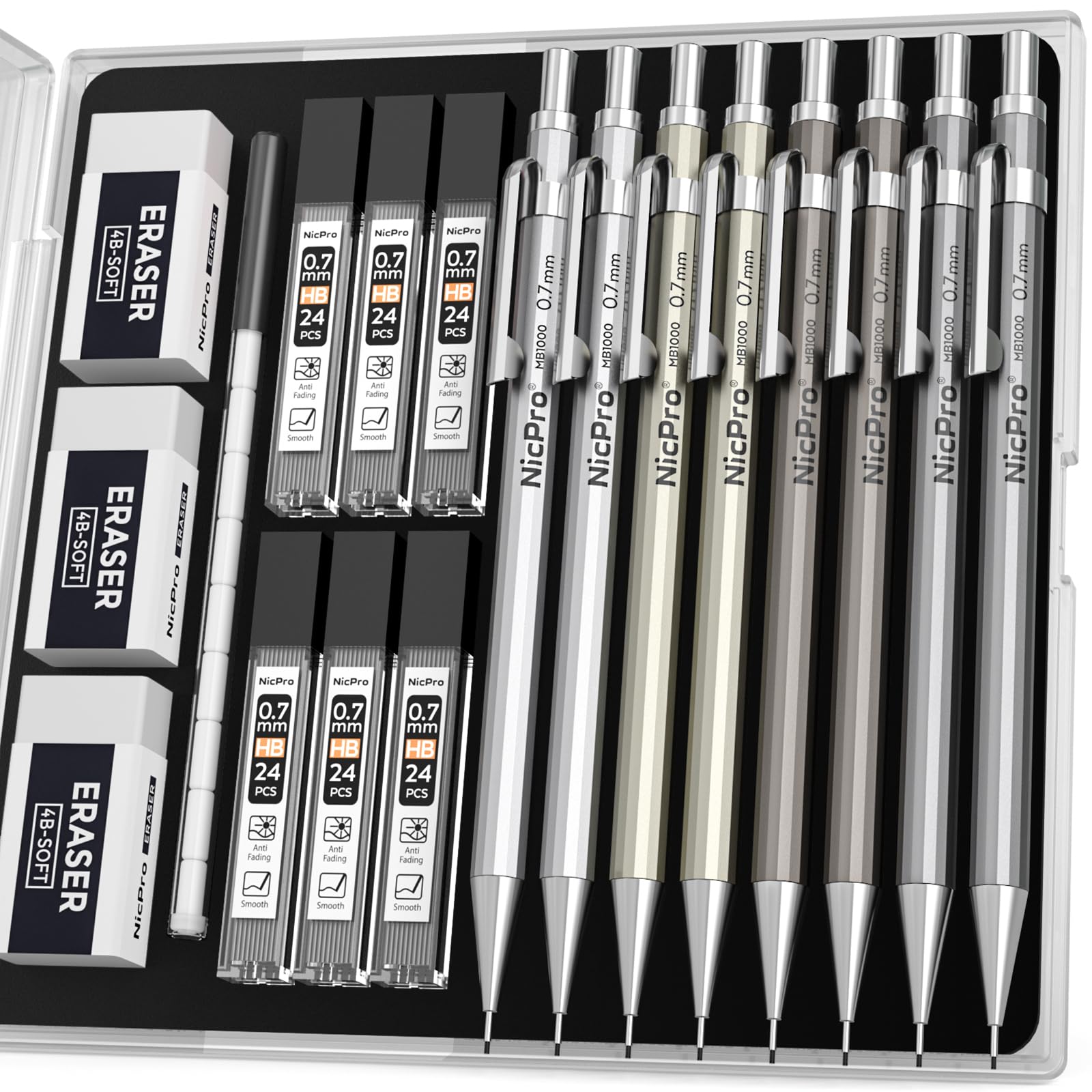 Nicpro 4 Pack Mechanical Pencil 0.7mm with Case, MB1000 Metal Mechanical Pencil Set with 6 Tube HB #2 Lead Refill 0.7 mm, 3PCS 4B Eraser, 9 Cap Eraser for Artist Drafting Writing, Sketching, Drawing
