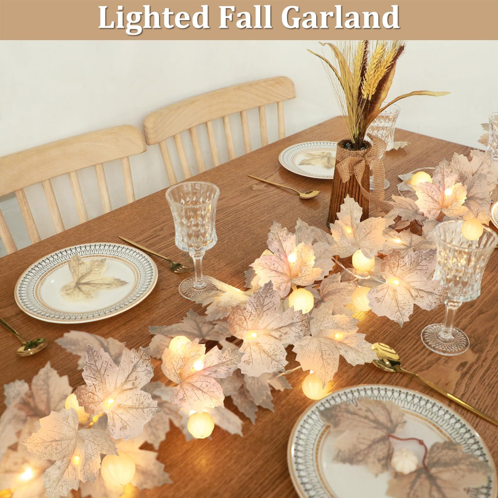 3 Pack Fall Decor Fall Garland with Pumpkin Lights&Enlarged Maple Fall String Lights Pumpkin Decor, 30Ft 60LED Waterproof Battery Operated Christmas Halloween Thanksgiving Fall Decorations for Home