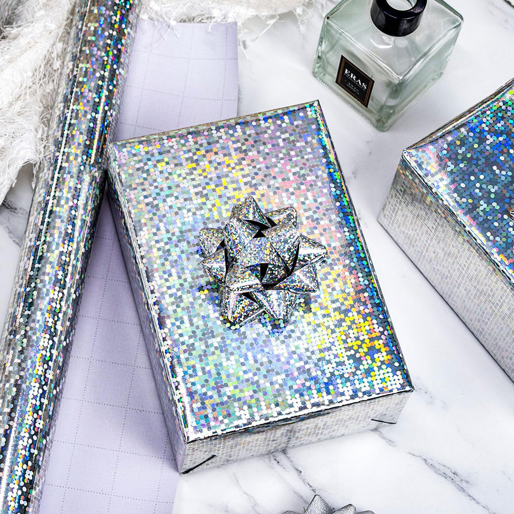 Burymento Black Wrapping Paper Roll, Metallic Holographic Stripe Gift Wrap for Birthday, Valentines, Mothers day, Graduation, Wedding, Fathers day, Baby Shower, Christmas (17 IN x 32.8 FT)