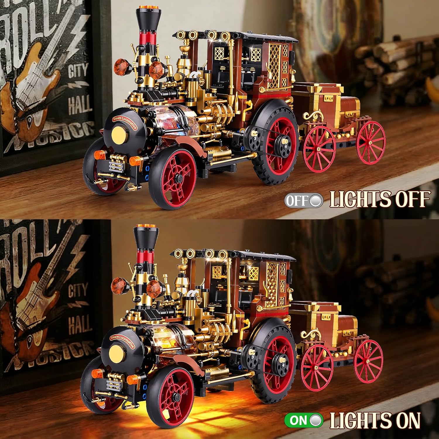 OWNONE 1 Vintage Car Steam Engine Building Blocks Set with Lights, Western Retro Steam Tractor Locomotive Model Building Kit for Vintage & West Lovers, Creative Home Office Decor Gift for Adults Teens