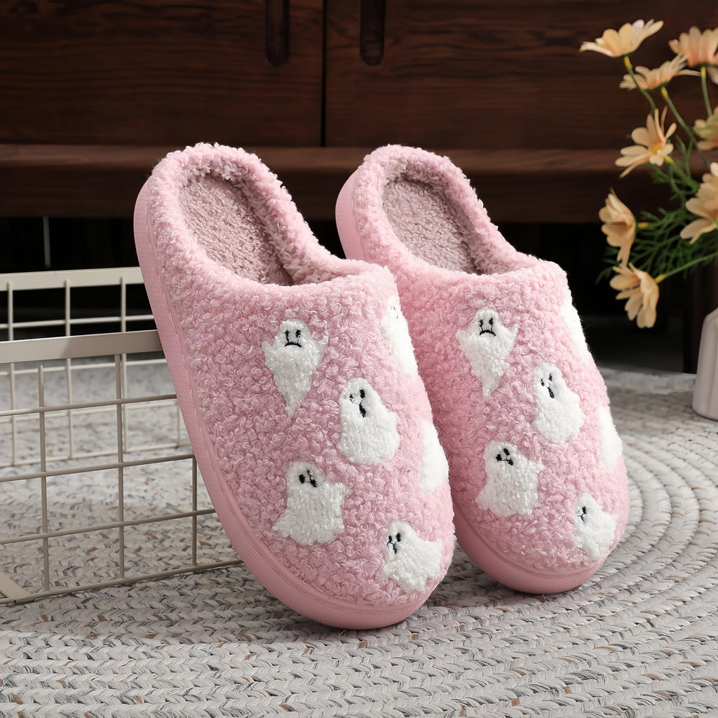 Halloween Slippers for Women Retro Soft Cozy Comfy Plush Lightweight Slip-on Indoor Outdoor Anti-Skid Sole Christmas House Shoes