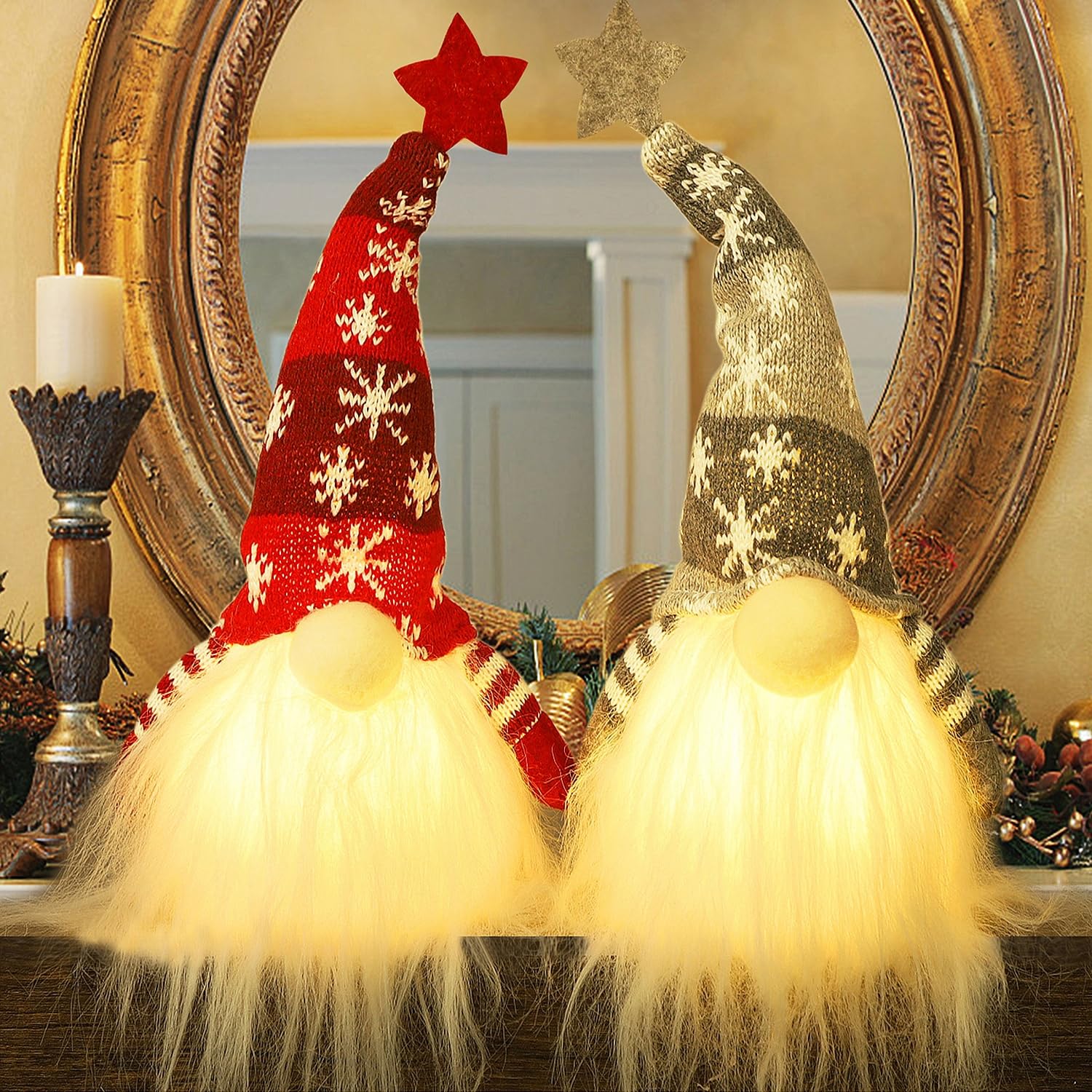 Juegoal 11" Lighted Christmas Gnome Santa, Light Up Elf Holiday Present, Battery Operated Winter Tabletop Christmas Decorations, 2 Set