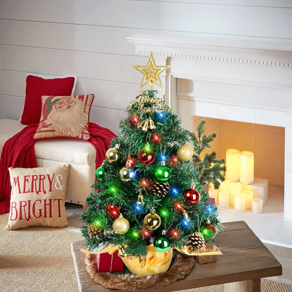 Tabletop Christmas Tree 21.65 Inch Mini Artificial Christmas Tree with 20 LED String Lights, Star Tree, Pine Cones Ornaments, Small Xmas Tree for Holiday Indoor DIY Christmas Decor