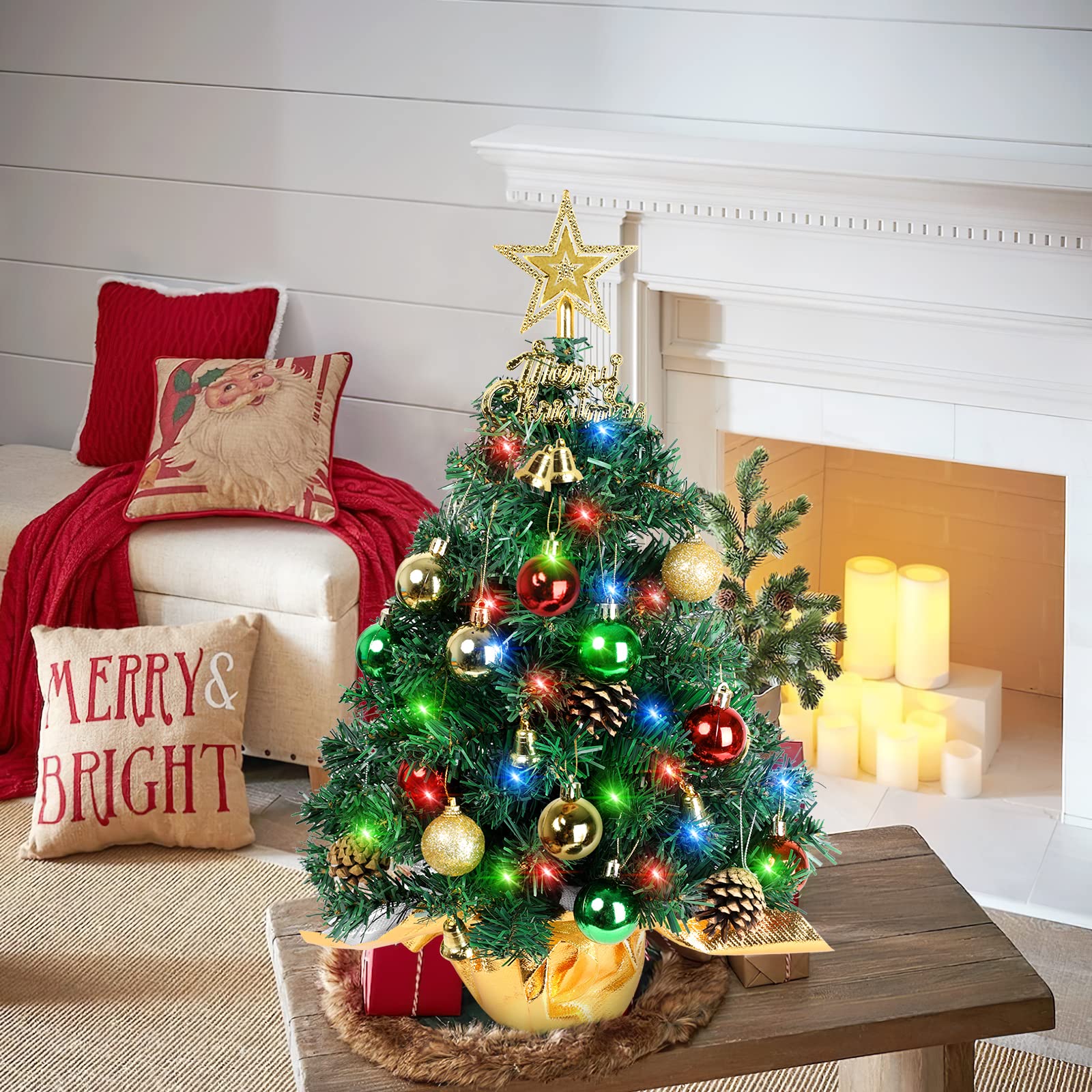 Tabletop Christmas Tree 21.65 Inch Mini Artificial Christmas Tree with 20 LED String Lights, Star Tree, Pine Cones Ornaments, Small Xmas Tree for Holiday Indoor DIY Christmas Decor