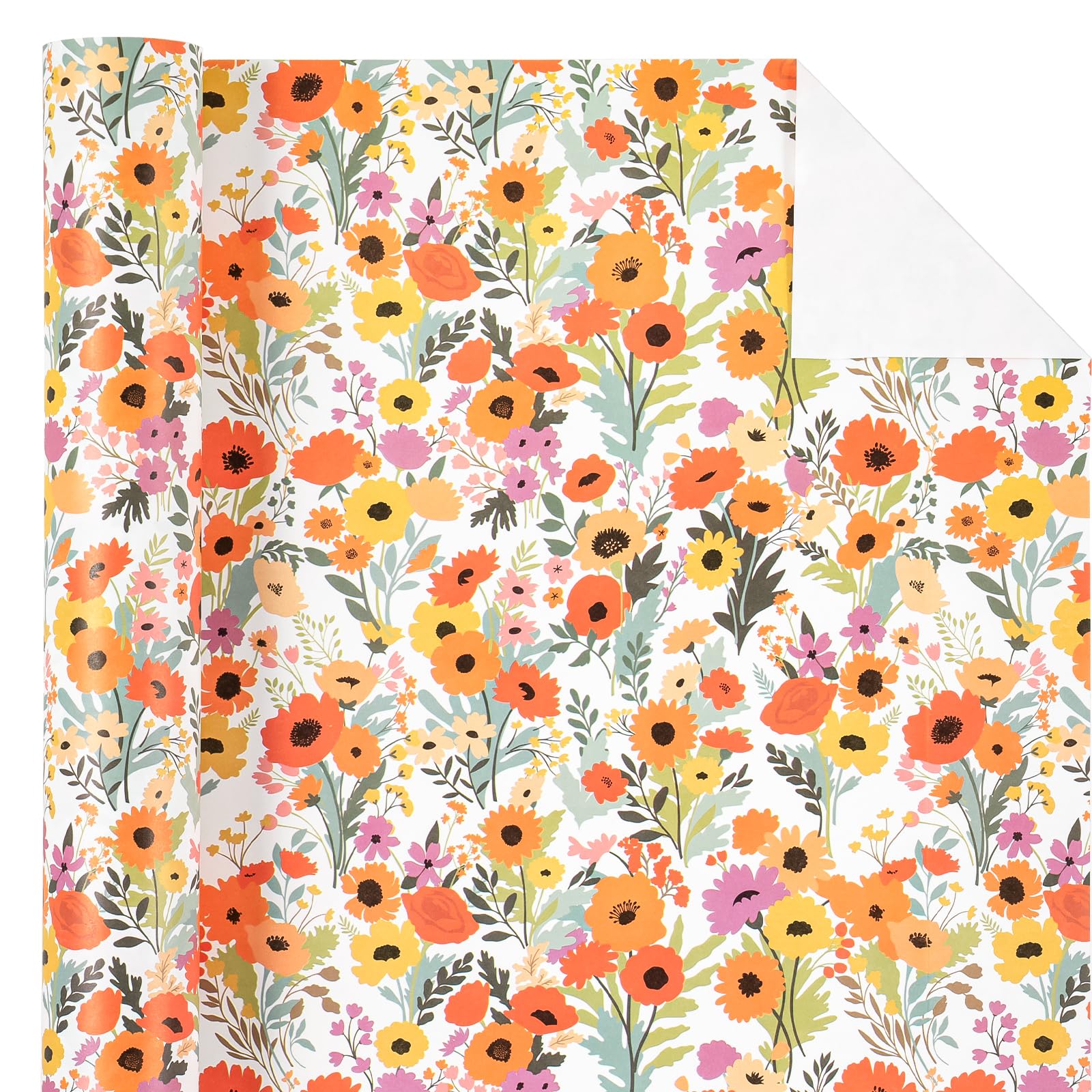 WRAPAHOLIC Kraft Floral Wrapping Paper Roll - Mini Roll - 17 Inch x 9.8 Feet - Spring Summer Garden Flower Design Perfect for Wedding, Bridal Shower, Birthday