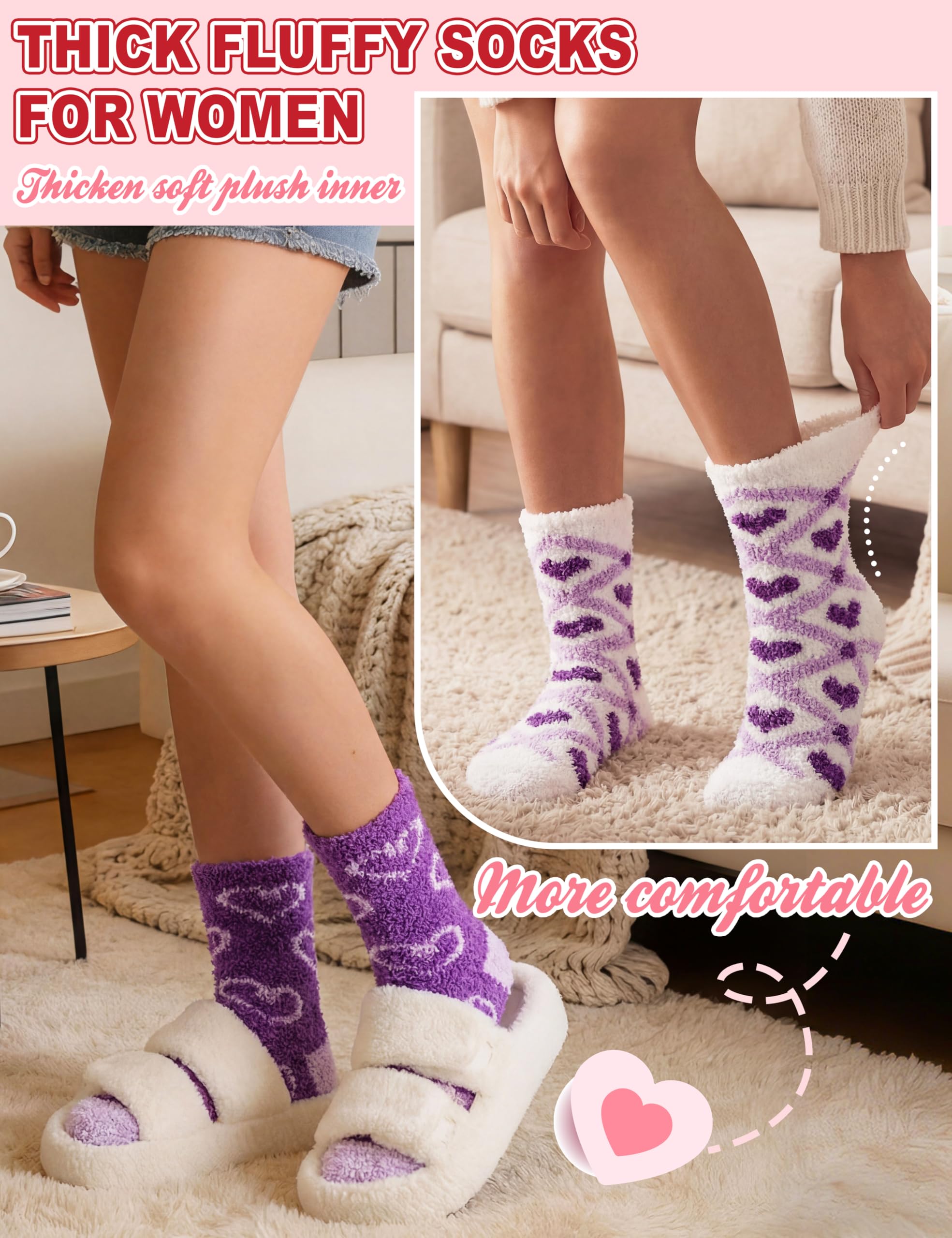 Womens Fuzzy Socks Warm Fluffy Cozy Winter Slipper Thick Fleece Heart Socks 5 Pairs