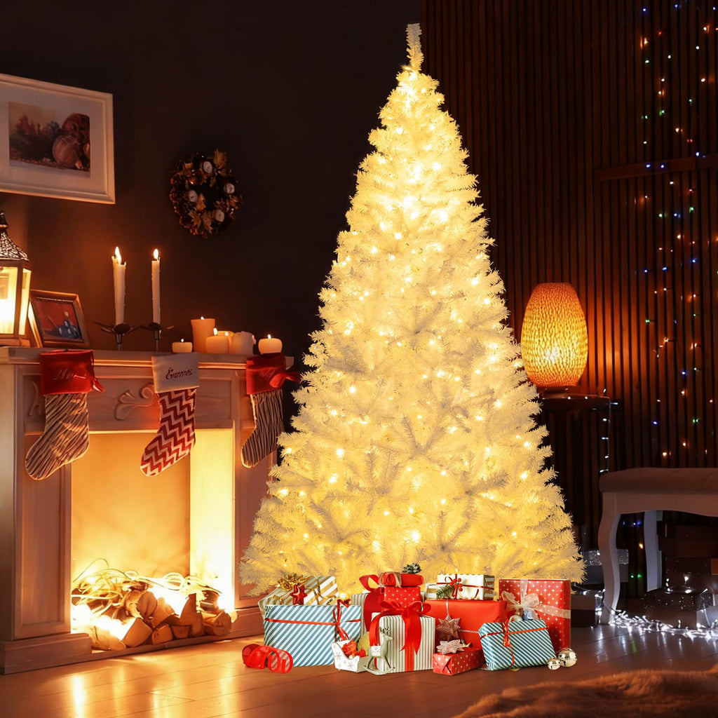 Goplus 7FT Pre-Lit Artificial Christmas Tree Auto-Spread/Close up Branches 11 Flash Modes with Multicolored 400 LED Lights & Metal Stand