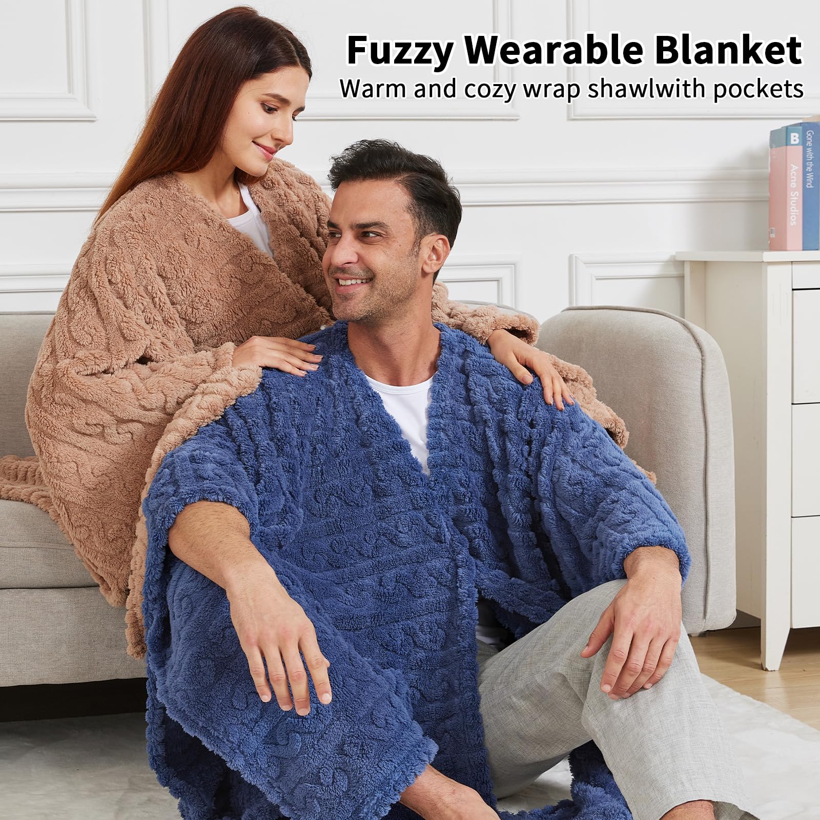 Wearable Blanket Poncho Cape Wrap for Adult, Cozy Sherpa Fleece Pocketed Shawl TV Throw Blankets for Office and Lounge(Caramel,58'' x 64'')