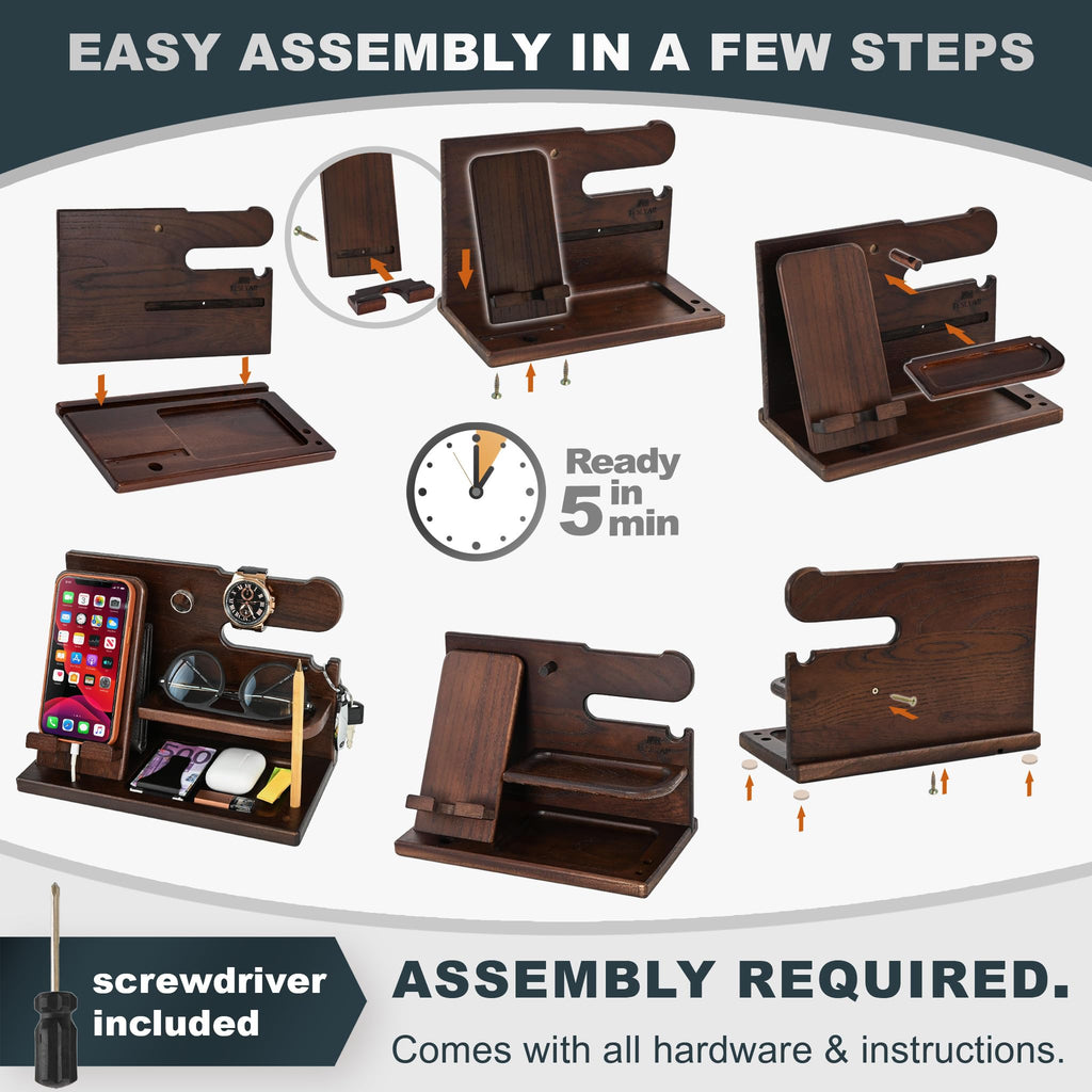 TESLYAR Wood Phone Docking Station for Men - Desk or Nightstand Organizer - Birthday Gifts for Husband, Dad - Anniversary Idea from Wife - Key Holder, Stand Wallet, Watch & Essentials (Bourbon Brown)