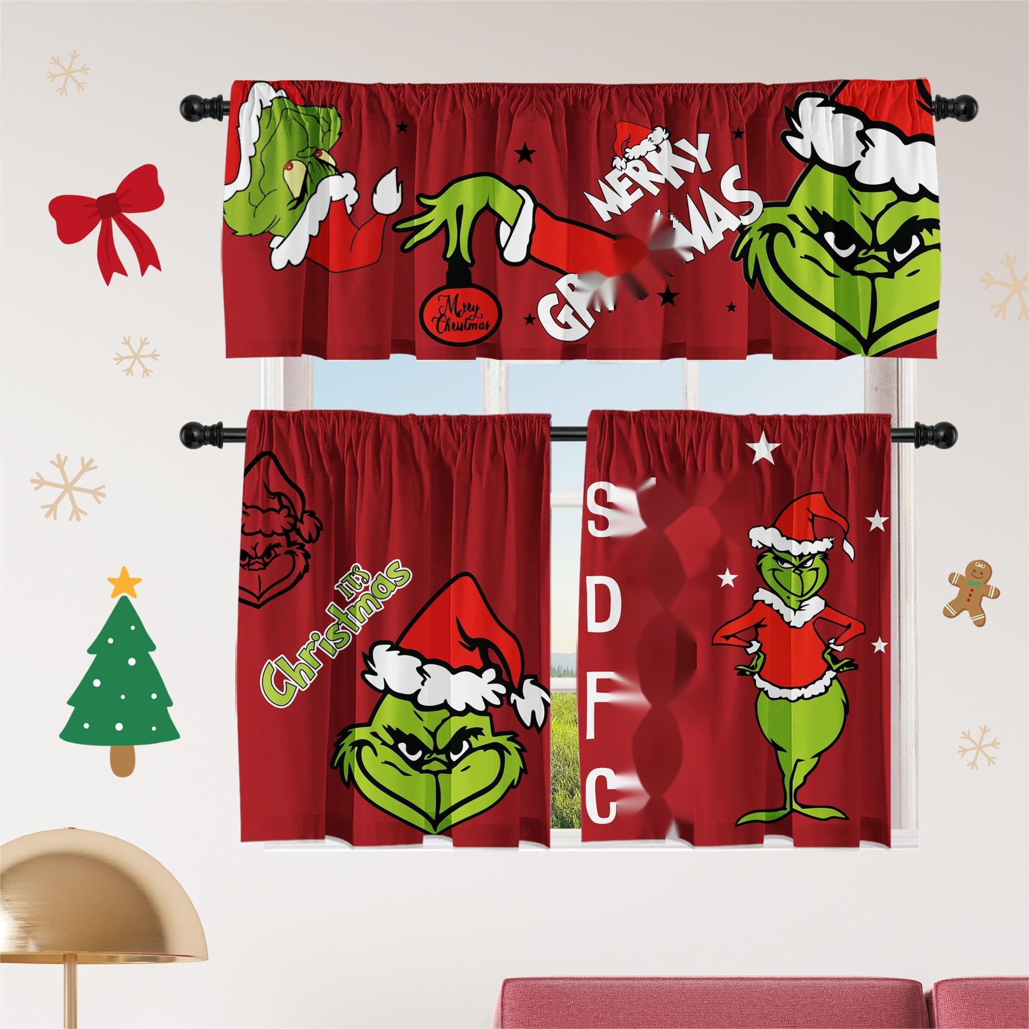 Christmas Kitchen Curtain Valances Winter Holiday Festive Small Window Decoration, Red and Green Farmhouse Xmas Design, 52x18inchx1, 26x36inchx2, 3 Panel, Rod Pocket