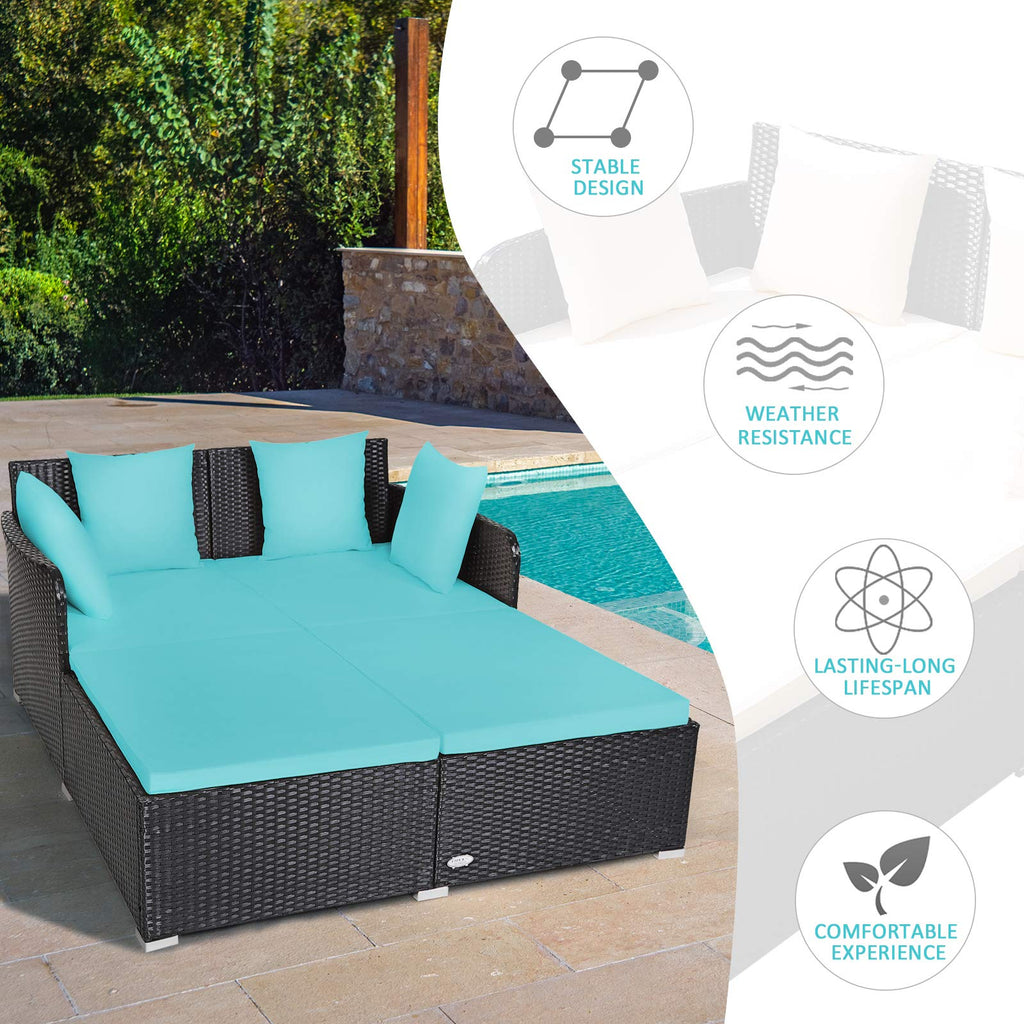 Tangkula Patio Rattan Daybed with Retractable Canopy, Outdoor Wicker Sunbed Lounger with 2 Foldable Side Tables, Thick Seat & Back Cushions, Outside Double Daybed for Garden, Backyard, Porch