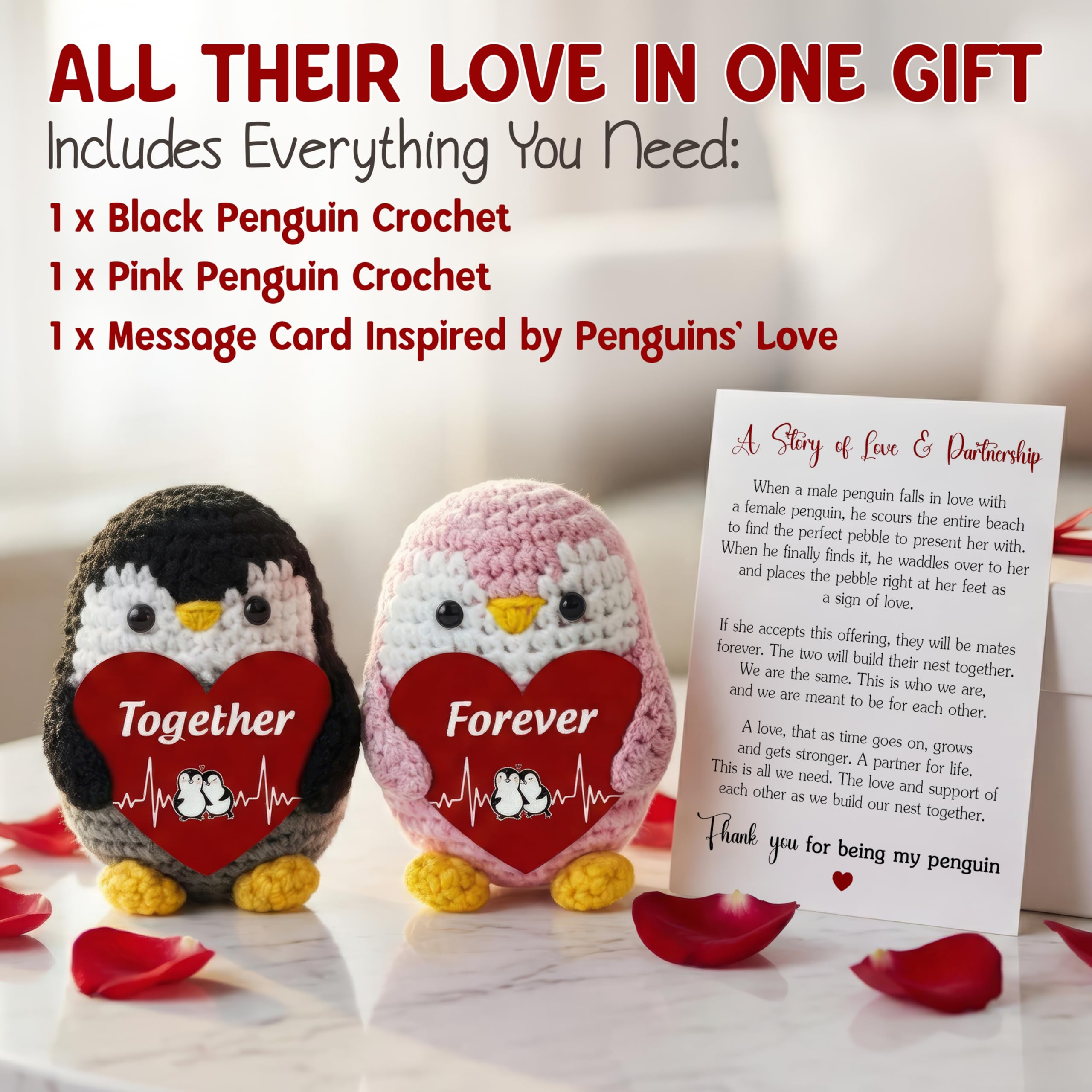 OASSIE Anniversary Couple Gifts for Women Men - Positive Penguin Couple Crochet with Card - Mothers Day Birthday Anniversary Wedding Gifts for Wife Husband Him Her Couples Boyfriend Girlfriend