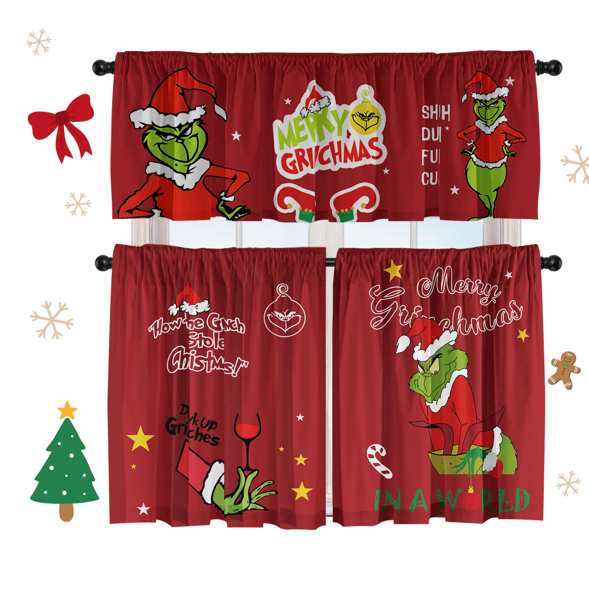 Christmas Kitchen Curtain Valances Winter Holiday Festive Small Window Decoration, Red and Green Farmhouse Xmas Design, 52x18inchx1, 26x36inchx2, 3 Panel, Rod Pocket