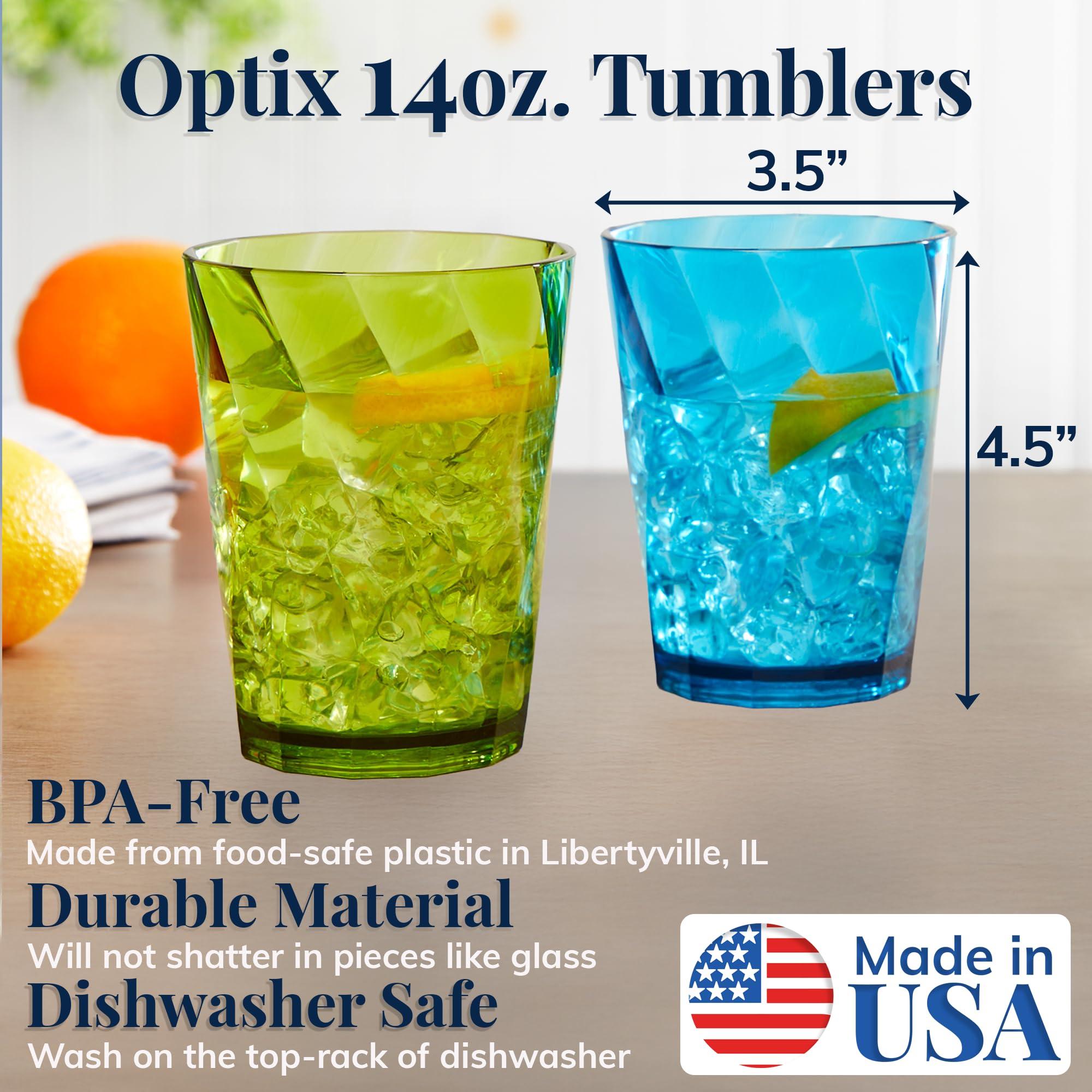 US Acrylic Optix Plastic Reusable Drinking Glasses (Set of 8) 20oz Water Cups in Jewel Tone Colors | BPA-Free Tumblers, Made in USA | Top-Rack Dishwasher Safe