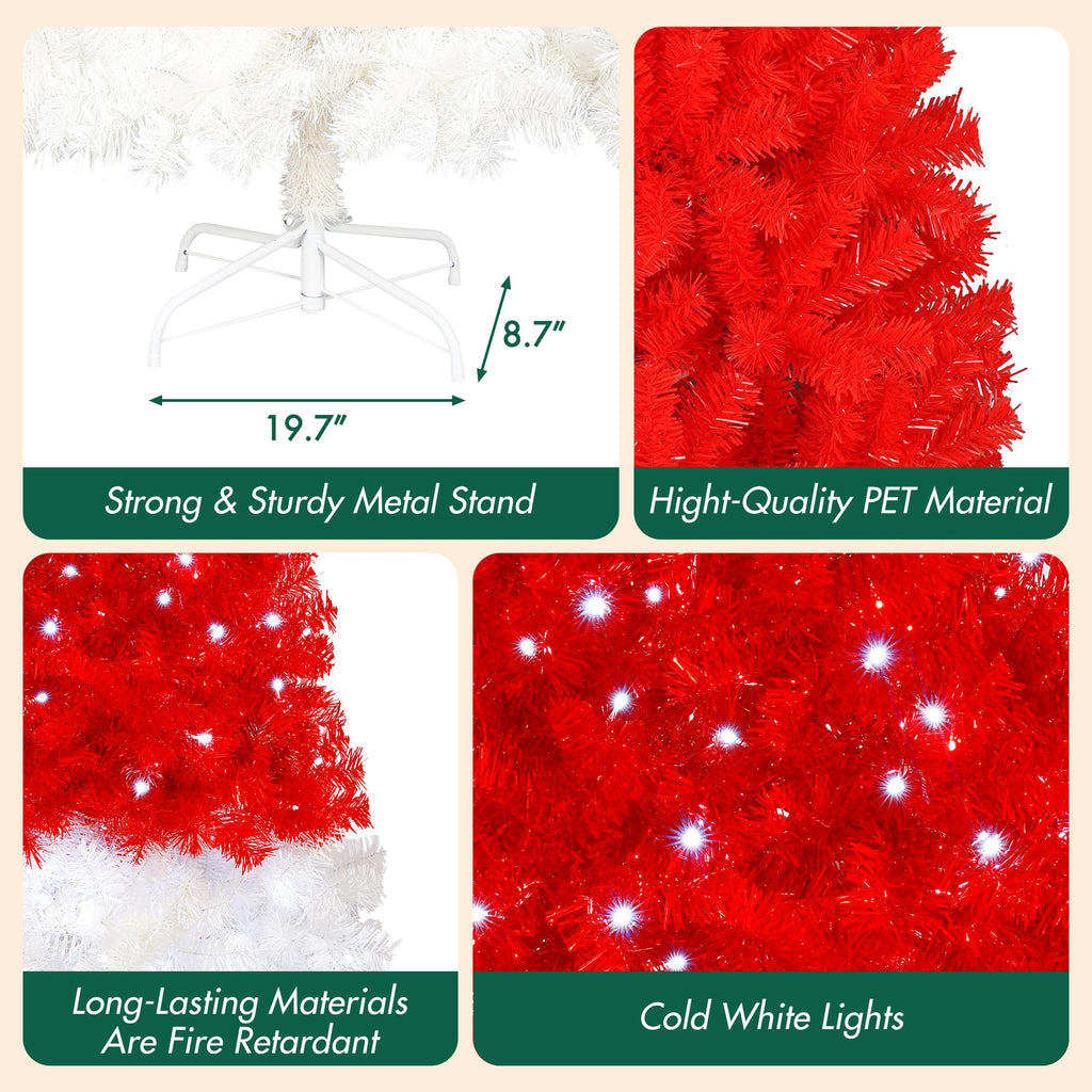 Merax 7FT Red Christmas Tree, Red Santa Hat Christmas Tree Prelit with 400 Lights and 1250 Branches, Artificial Whimsical Seasonal Holiday Decoration