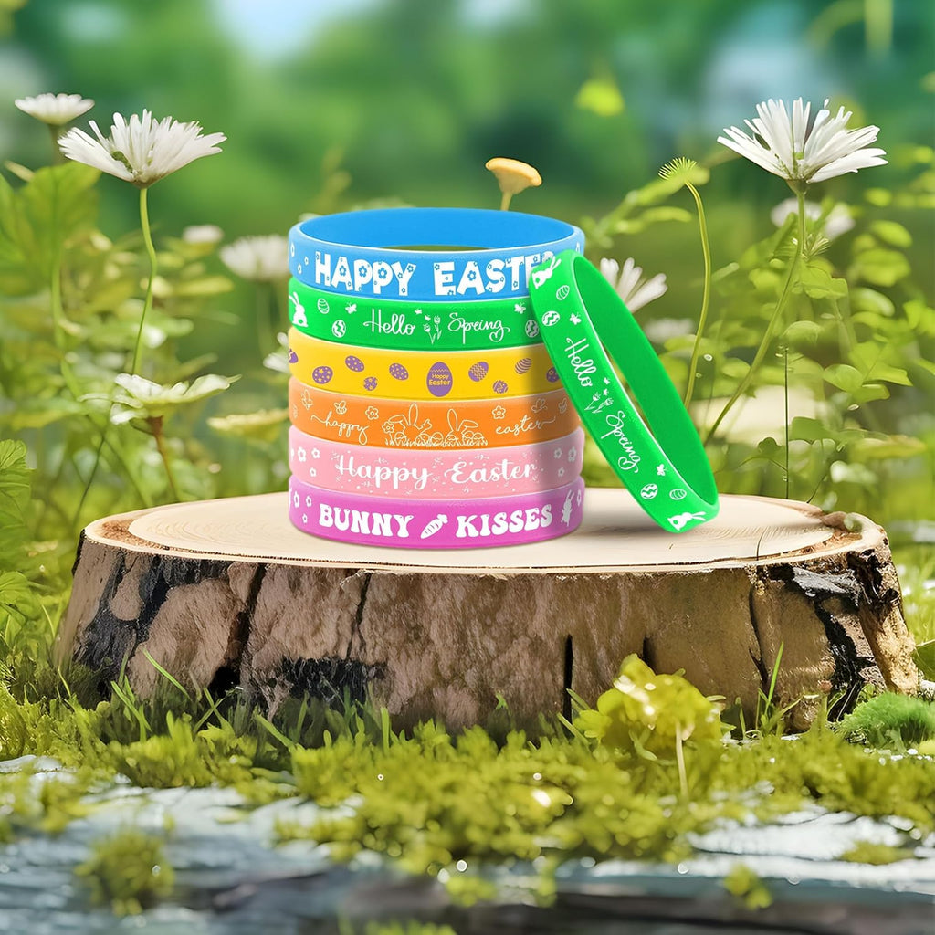 Lesnala 48 PCS Easter Rubber Wristband Theme Party Bunny Egg Carrot Silicone Bracelet for Kids Teens Women Men Gifts Holiday Accessories Basket Stuffers Supplies