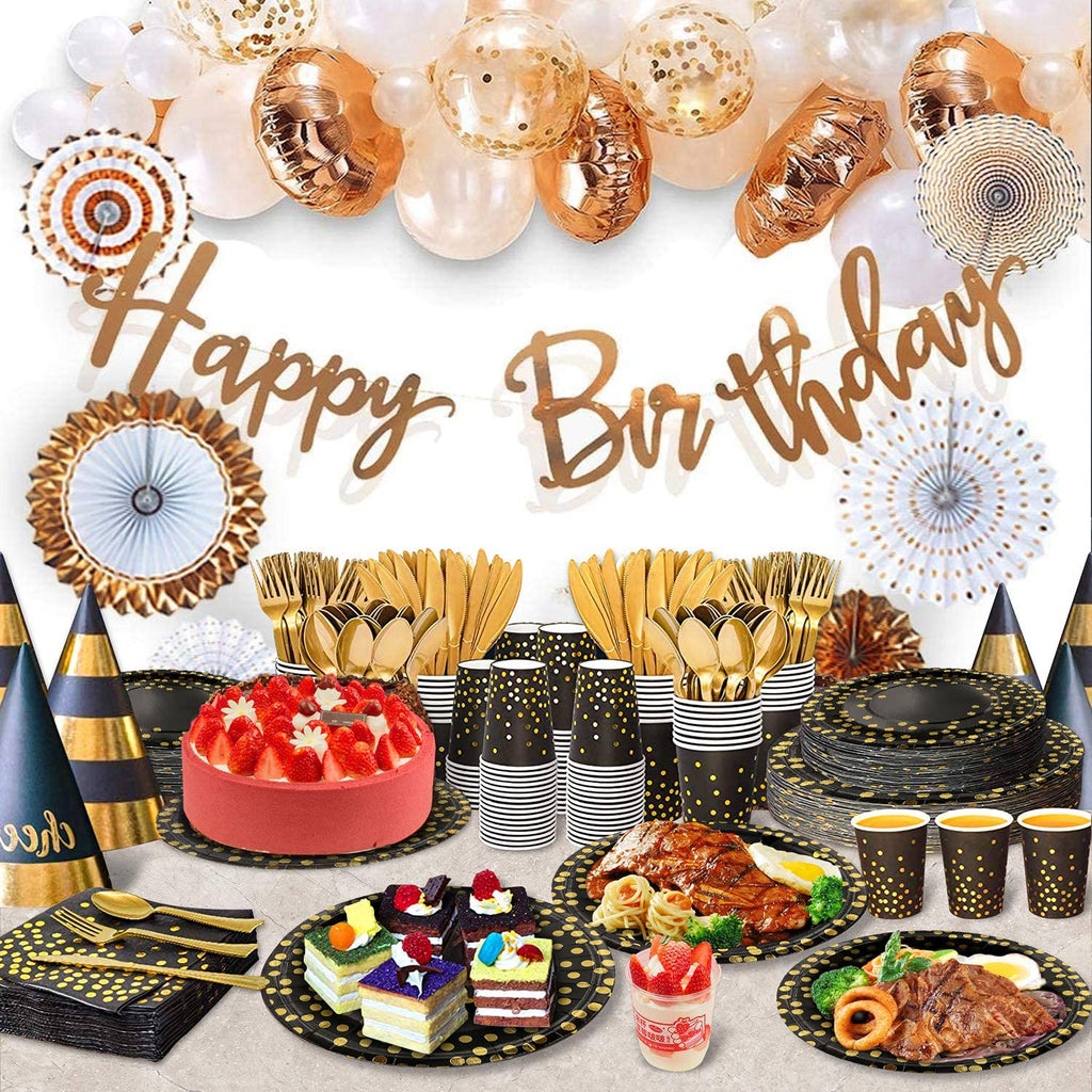AIRE 175PCS Black and Gold Paper Plates Party Supplies for 25 Guests Disposable Party Decorations Dinnerware Golden Dot Black Paper Plates Napkins Cups Gold Plastic Forks Knives Spoons for Mothers Day