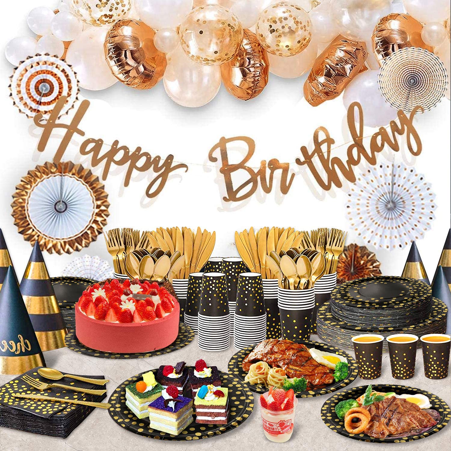 AIRE 175PCS Black and Gold Paper Plates Party Supplies for 25 Guests Disposable Party Decorations Dinnerware Golden Dot Black Paper Plates Napkins Cups Gold Plastic Forks Knives Spoons for Mothers Day