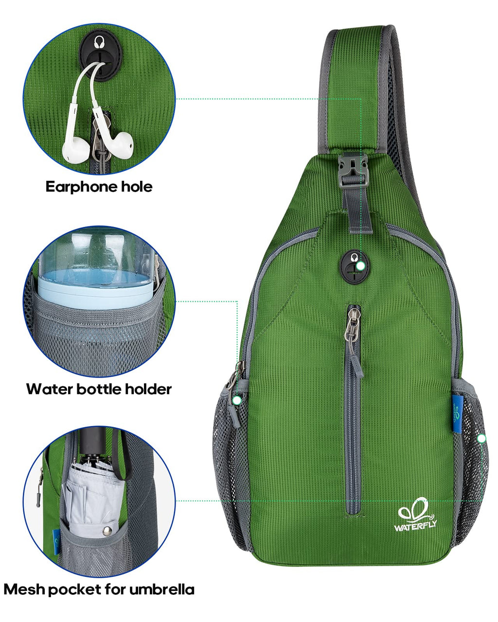 WATERFLY Crossbody Sling Backpack Sling Bag Travel Hiking Chest Bag Daypack (Black)