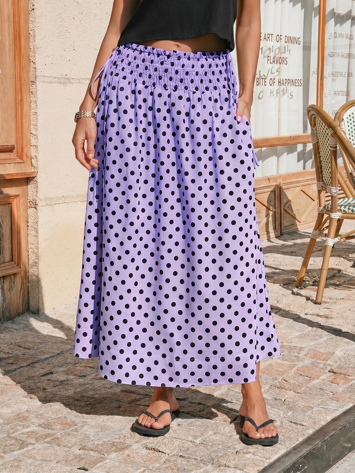 Tankaneo Womens Polka Dot Maxi Skirts Boho Smocked High Waisted Tie Skirt Casual Beach Vacation Dress