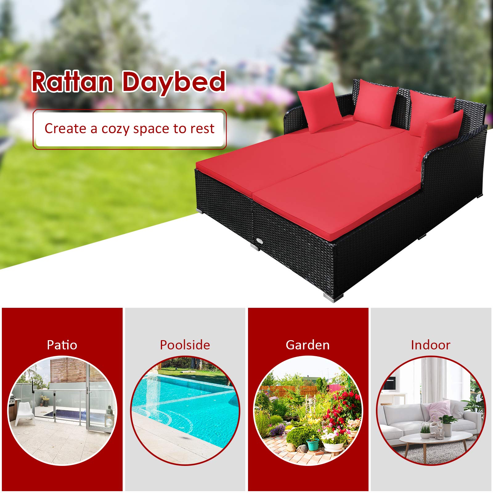 Tangkula Patio Rattan Daybed with Retractable Canopy, Outdoor Wicker Sunbed Lounger with 2 Foldable Side Tables, Thick Seat & Back Cushions, Outside Double Daybed for Garden, Backyard, Porch