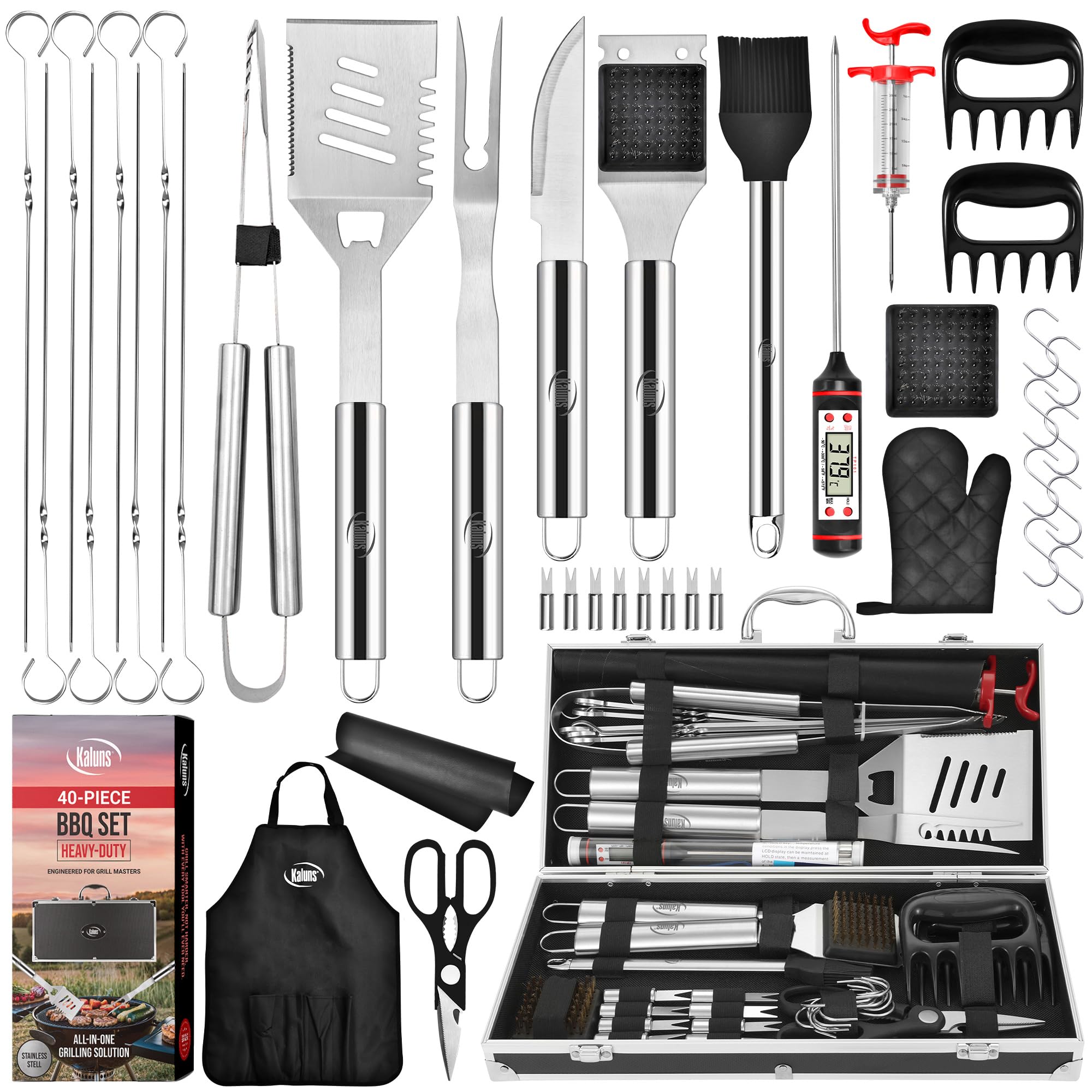 Kaluns Grilling Accessories, Dad Gifts for Fathers Day, Grilling Gifts, Heavy Duty Stainless Steel BBQ Tool Set for Outdoor Grill with Aluminum Case and Apron, Birthday Gifts for Men Women