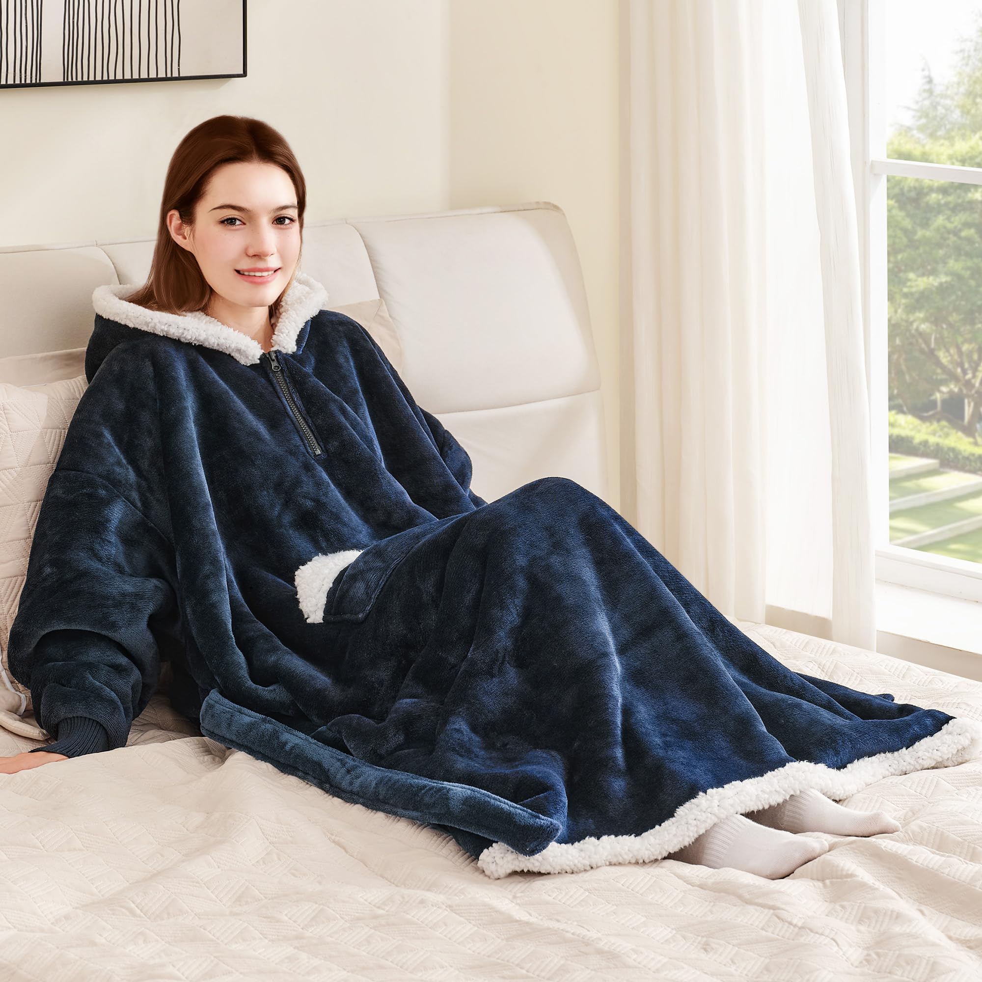 Touchat Wearable Blanket Hoodie, Oversized Sherpa Fleece Sweatshirt Blanket with Giant Hood Pocket and Sleeves for Adult, Warm & Cozy Grey Blanket Gifts for Women