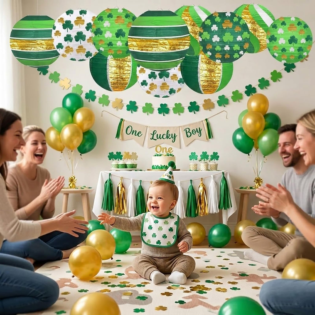 12 PCS Lucky Green Paper Lanterns, 8" Hanging Clover Decorations for Garden Party, Casino Night, The Lucky One Baby Shower, Irish Wedding & Spring Events, St. Patrick's Day