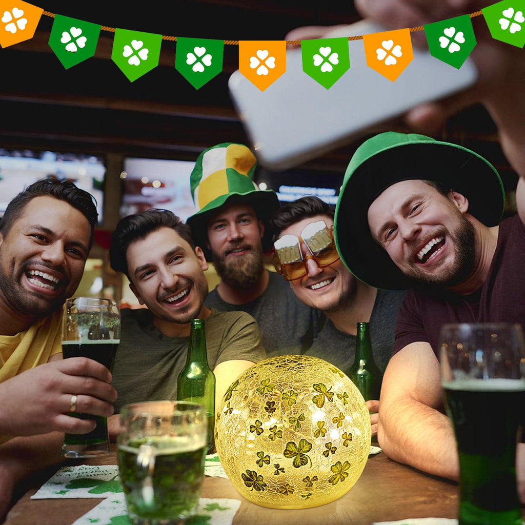 St Patricks Day Decorations Lights, Lighted Glass Ball Tabletop Irish Decor LED Night Light with Clover Pattern,Irish DIecorations for Home (2PCS3.93'')