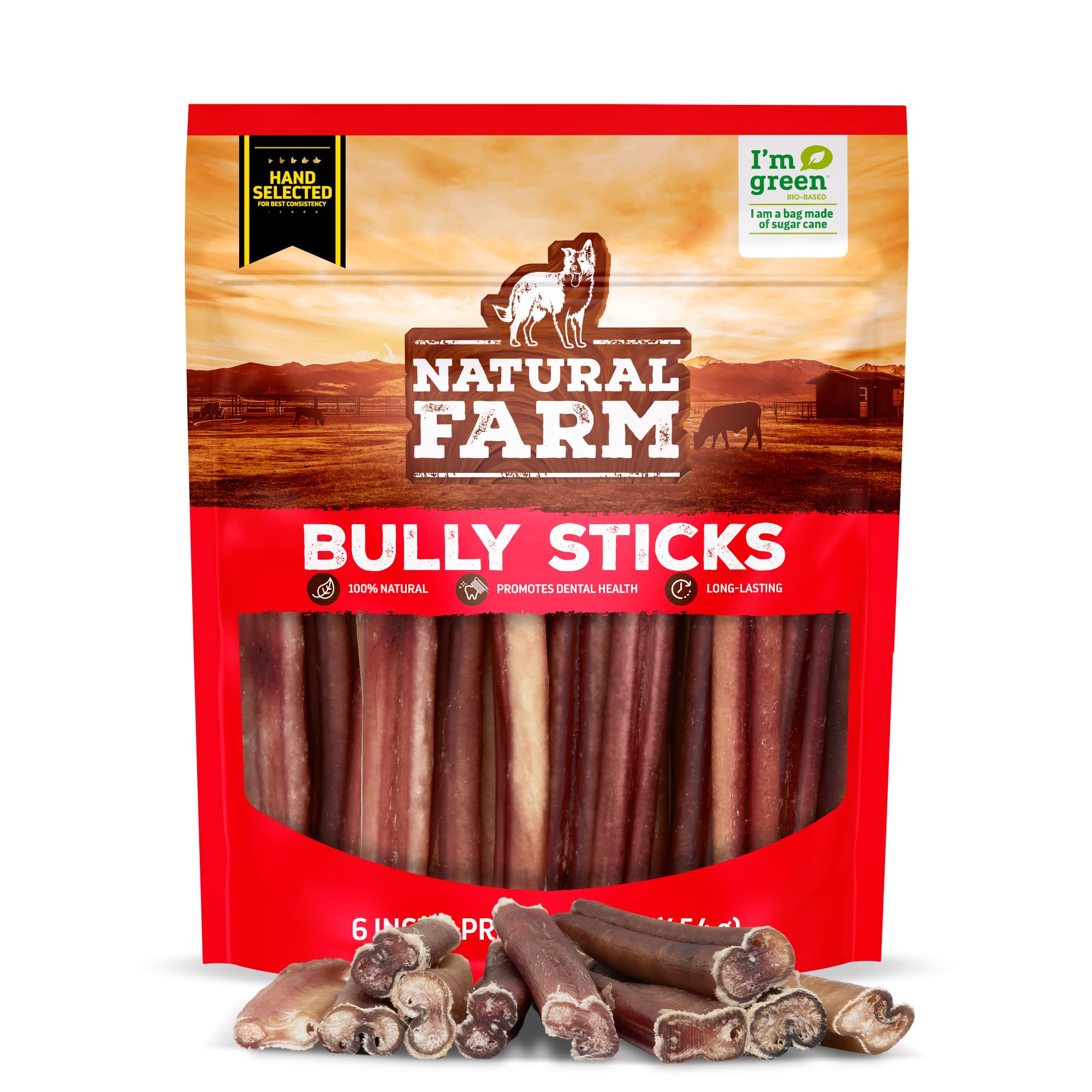 Natural Farm Bully Sticks (6 Inch, 15 Count), Single Ingredient: 100% Beef Chews, Grass-Fed, Non-GMO, Grain-Free, Fully Digestible Treats for Puppies, Small or Senior Dog