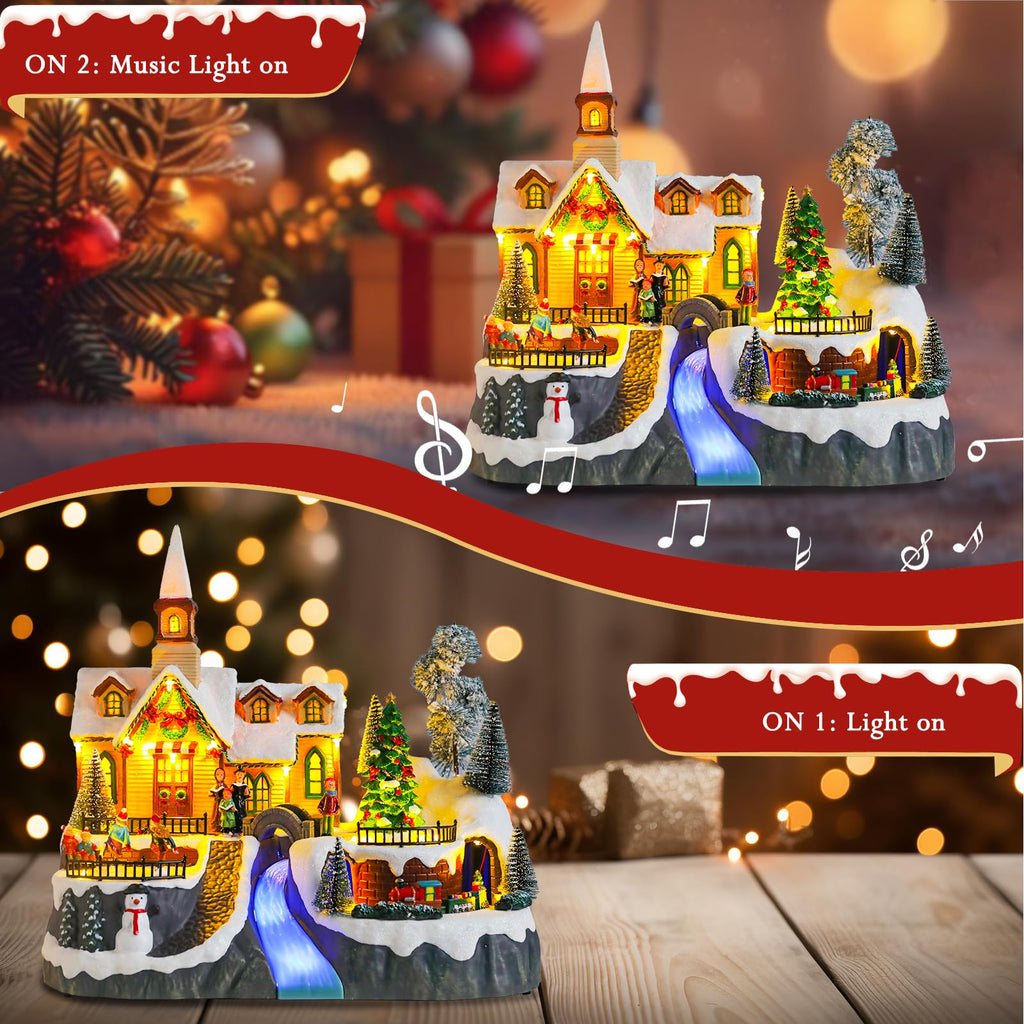 Christmas Village House Musical Christmas Collectible Buildings Church Train Snowman Children Skating with LED Lights Vacation Village with USB Indoor Figurines Indoor Tabletop Decoration