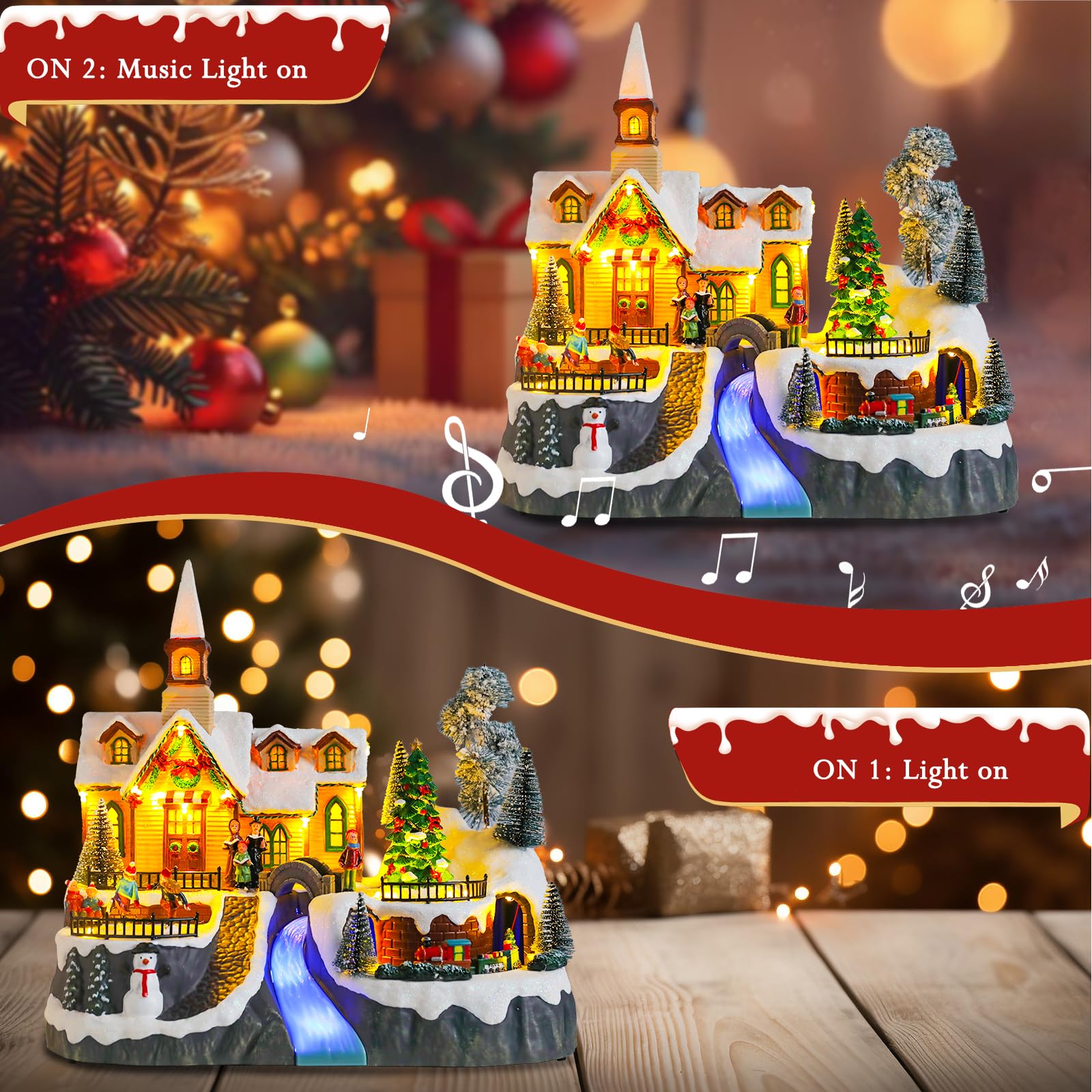 Christmas Village House Musical Christmas Collectible Buildings Church Train Snowman Children Skating with LED Lights Vacation Village with USB Indoor Figurines Indoor Tabletop Decoration