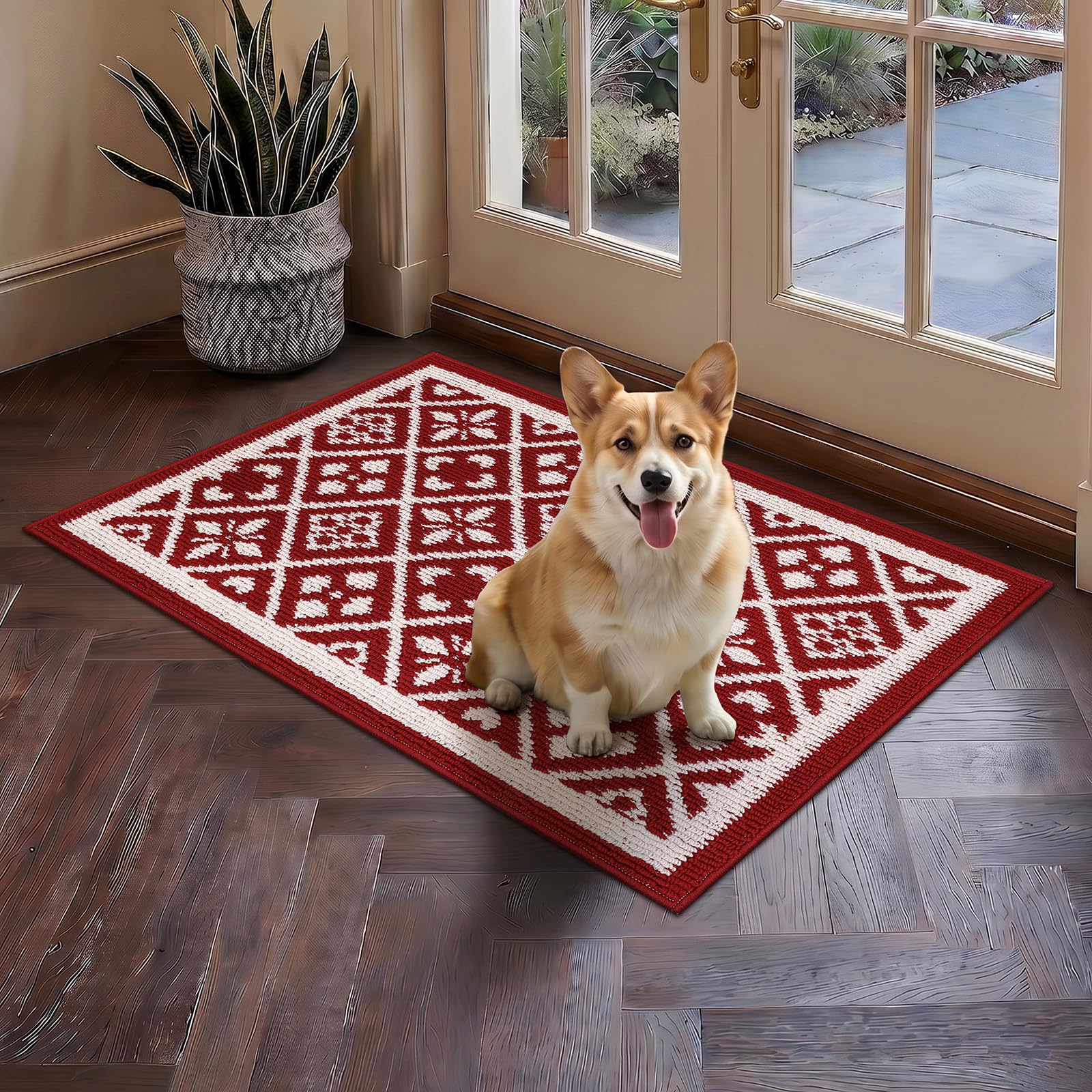 Ileading Christmas Entrance Door Mat, Absorbent Dog Mats for Muddy Paws, Low-Profile Small Red Xmas Decor Kitchen Runner Rug with Non-Slip Backing, Machine Washable Entryway Welcome Mat(Red 24"X36")