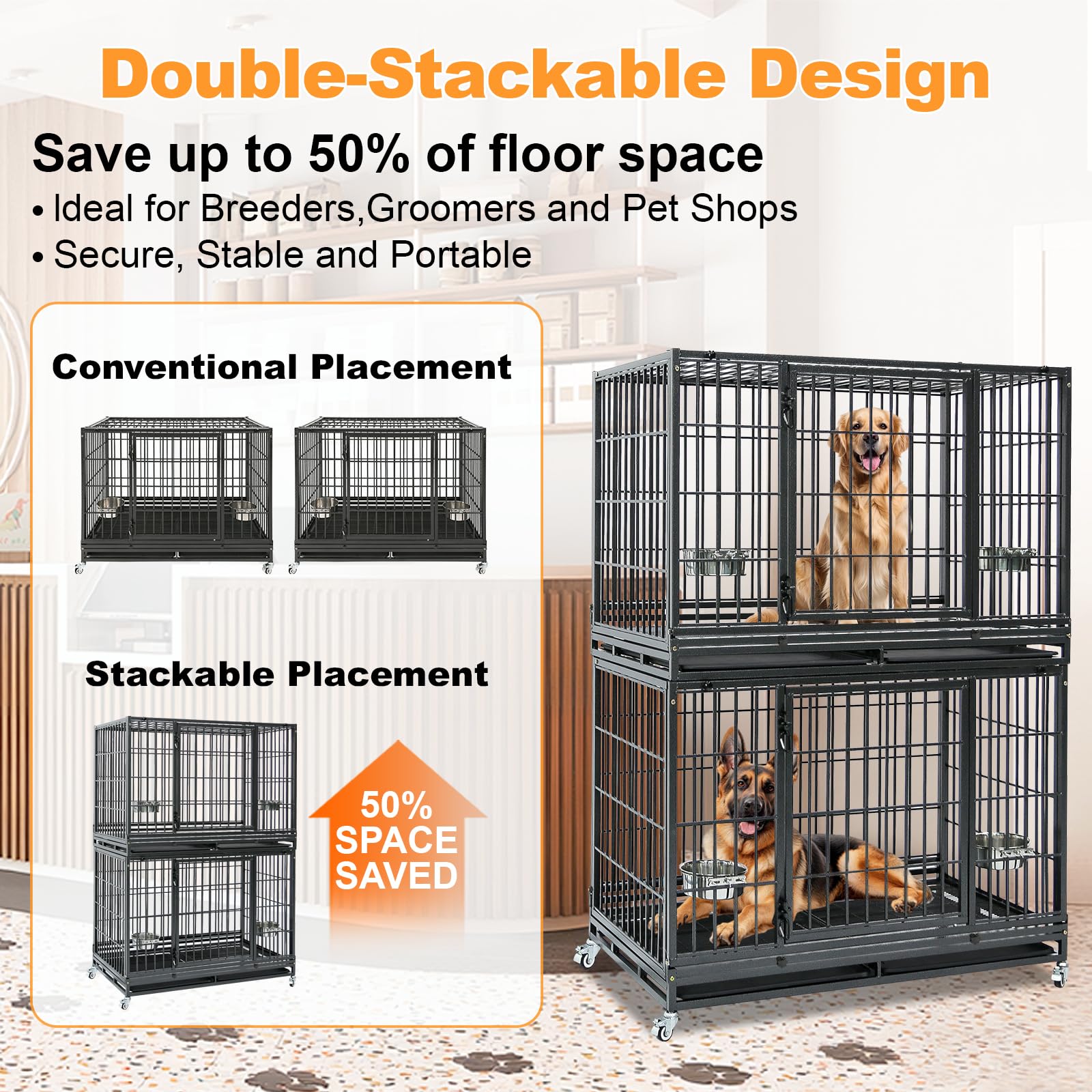 Homey Pet 37 Inch Heavy Duty Dog Crate for Medium Dogs, Stackable Dog Cage with Four Lockable Wheels, Removable Tray & Grid, Open Top, Escape Proof Dog Kennel Indoor