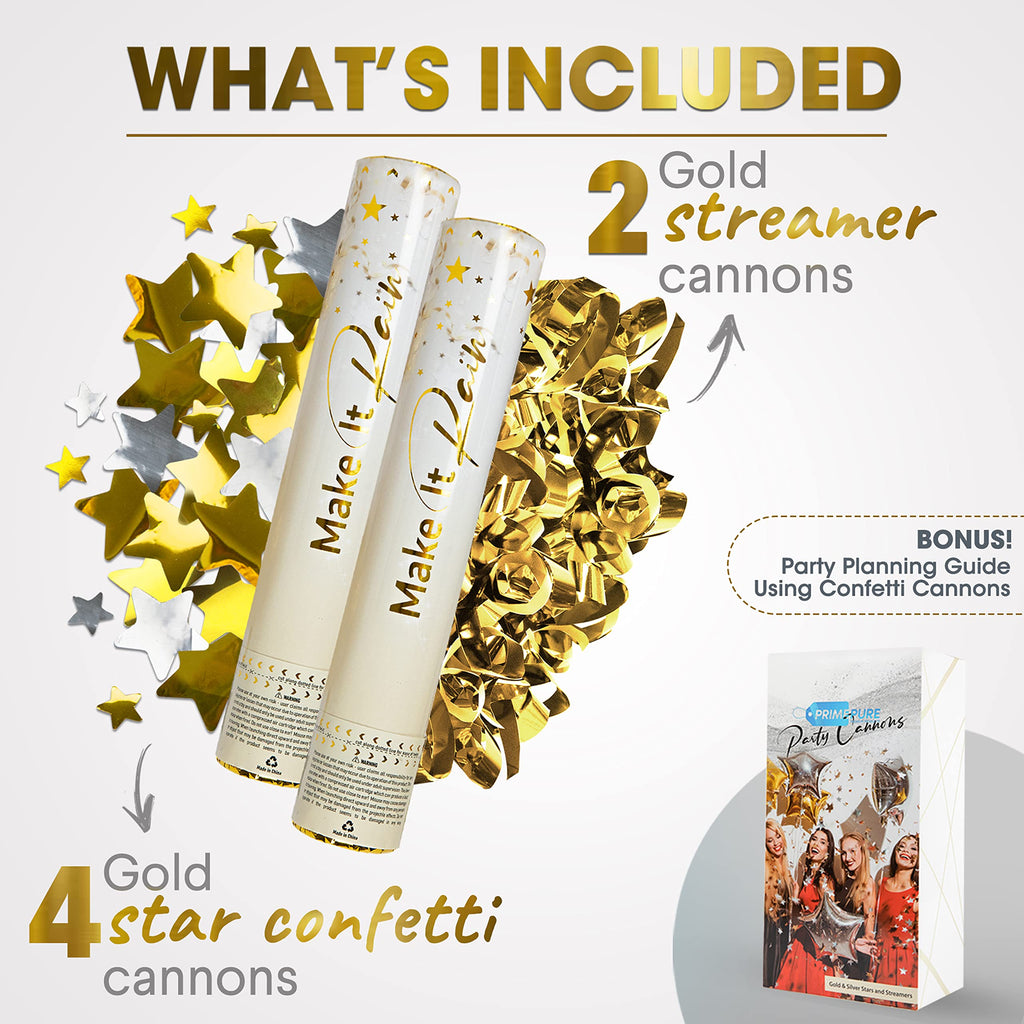 PrimePure Confetti Cannon Party Poppers - Gold Star Confetti Poppers - 2 Pack - Make It Rain Gold Glitter Stars Party Cannons Pop Gun for Birthday, Wedding, Graduation, Celebration, Events, Pranks